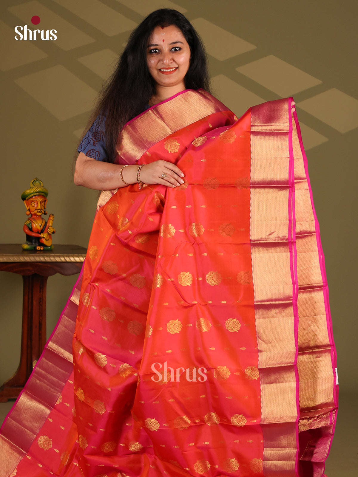 Orange & Pink - Kanchipuram-halfpure Saree - Shop on Shrus.com