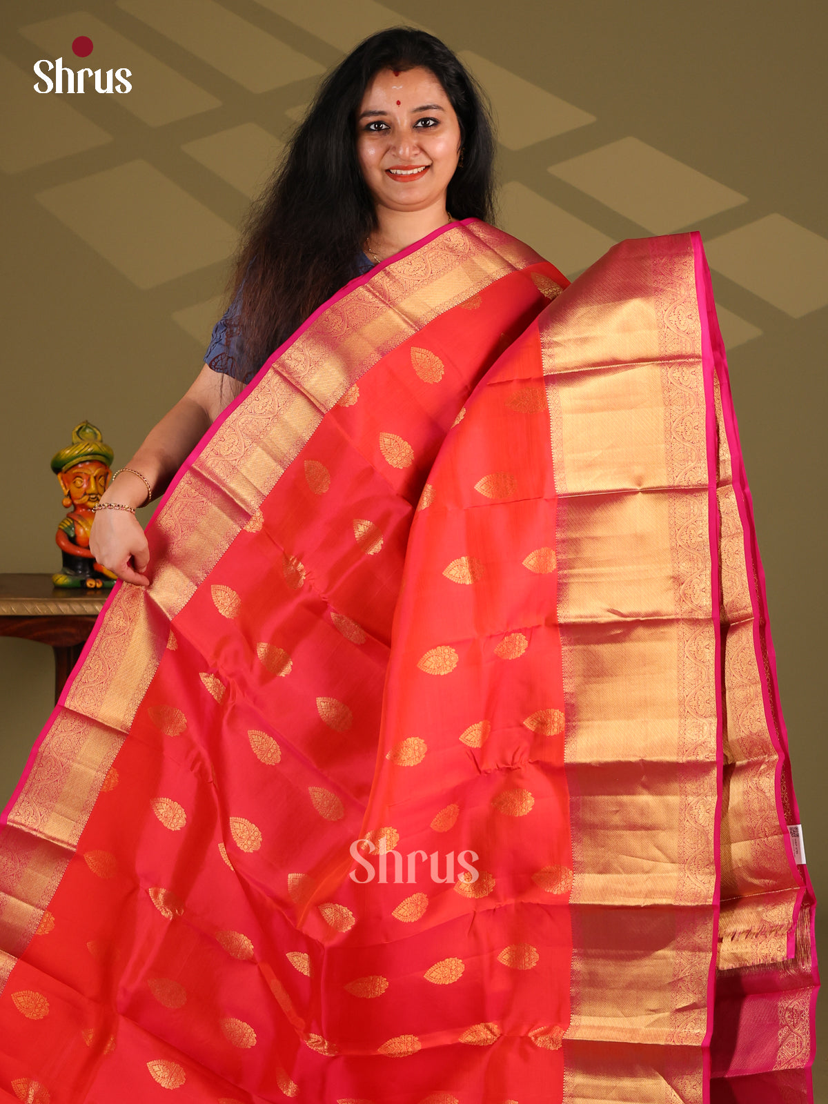 Orange & Pink - Kanchipuram-halfpure Saree - Shop on Shrus.com