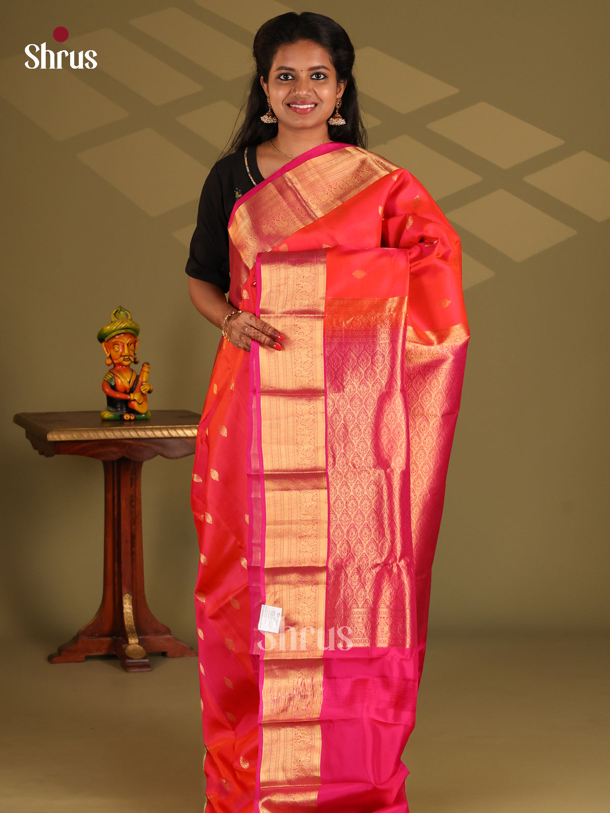 Orange & Pink - Kanchipuram-halfpure Saree - Shop on Shrus.com