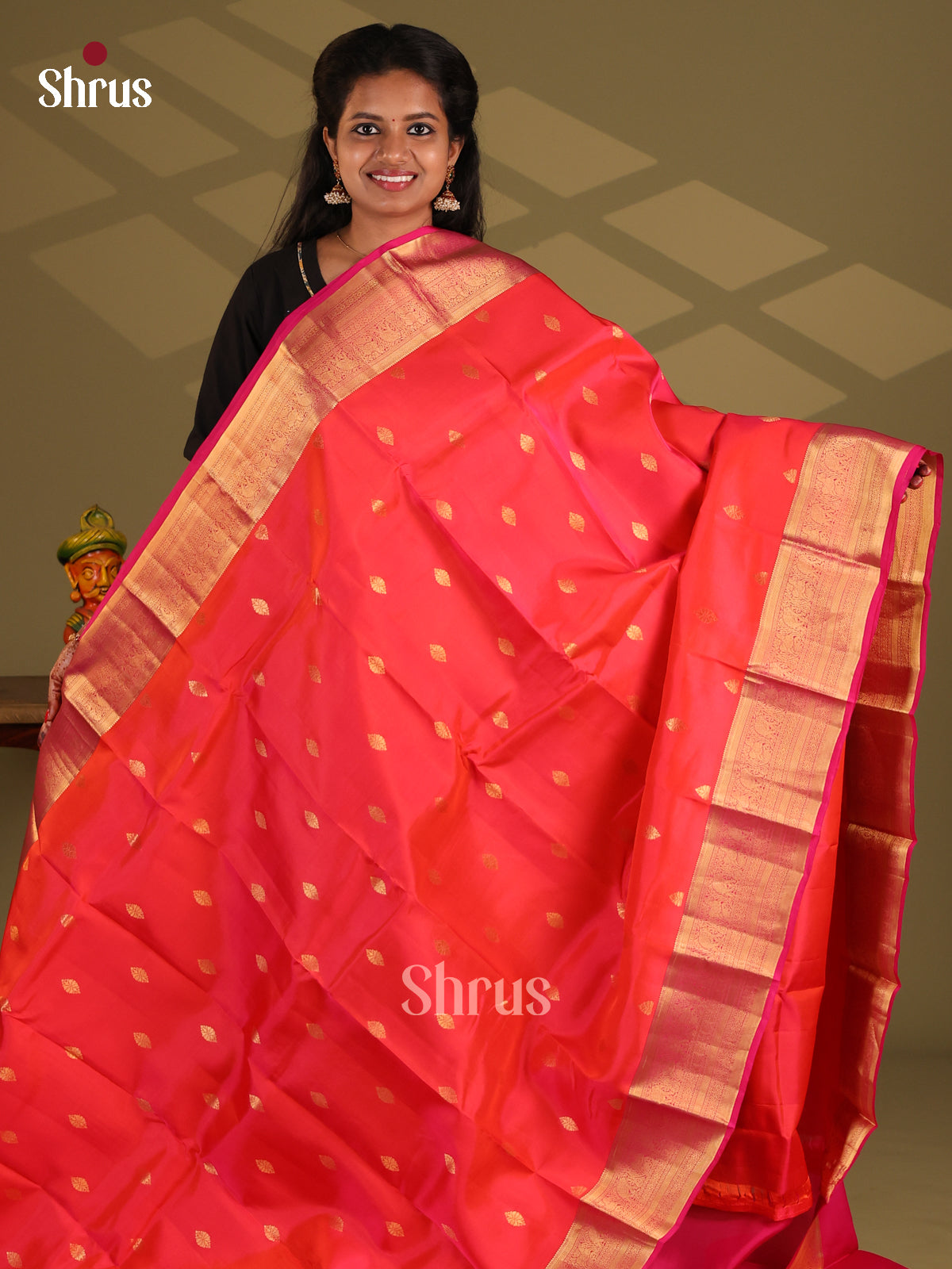 Orange & Pink - Kanchipuram-halfpure Saree - Shop on Shrus.com