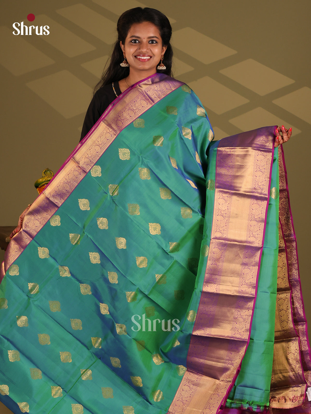 Green & Purple- Kanchipuram-halfpure Saree - Shop on Shrus.com