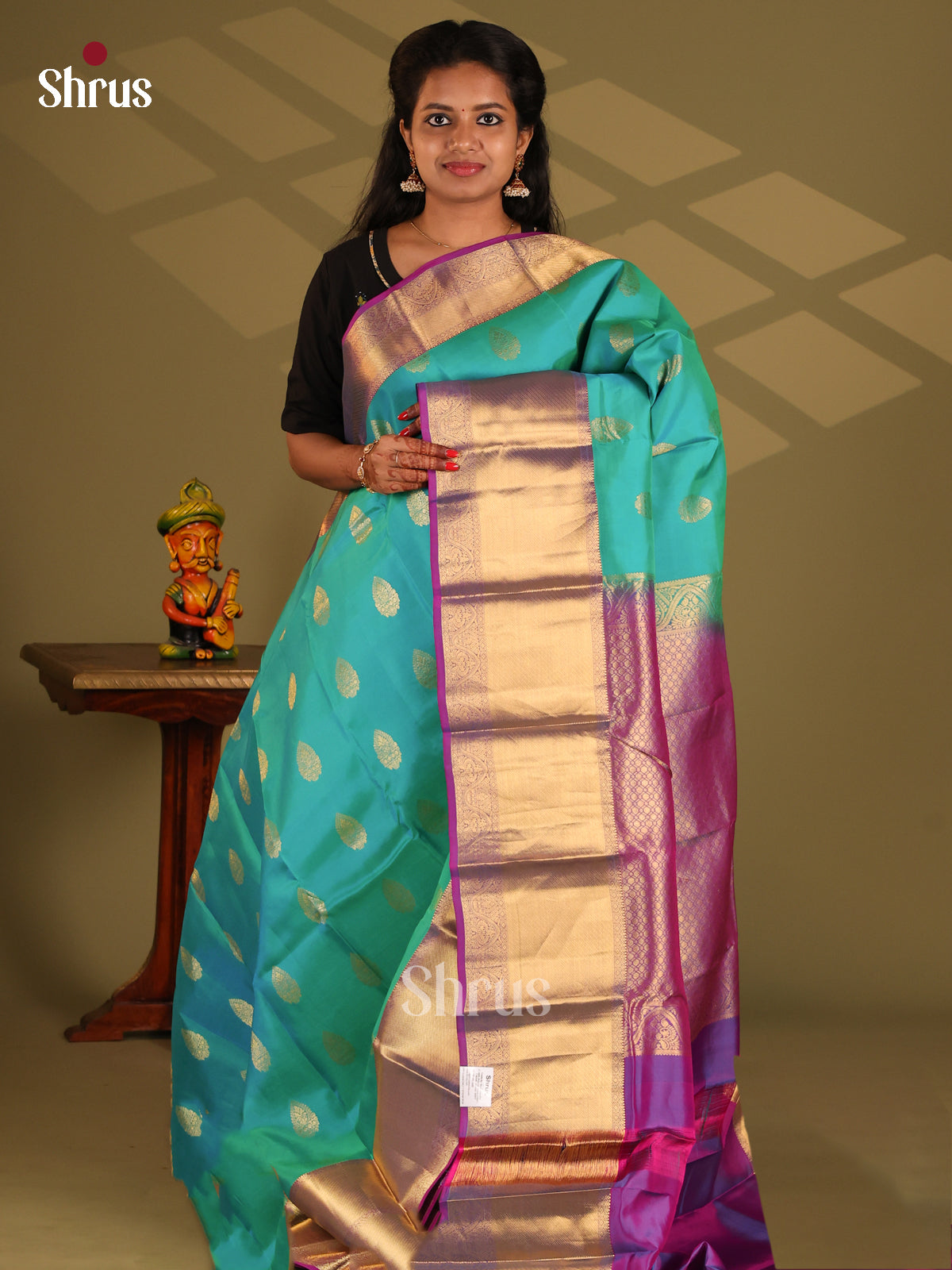 Teal Green & Purple - Kanchipuram-halfpure Saree - Shop on Shrus.com