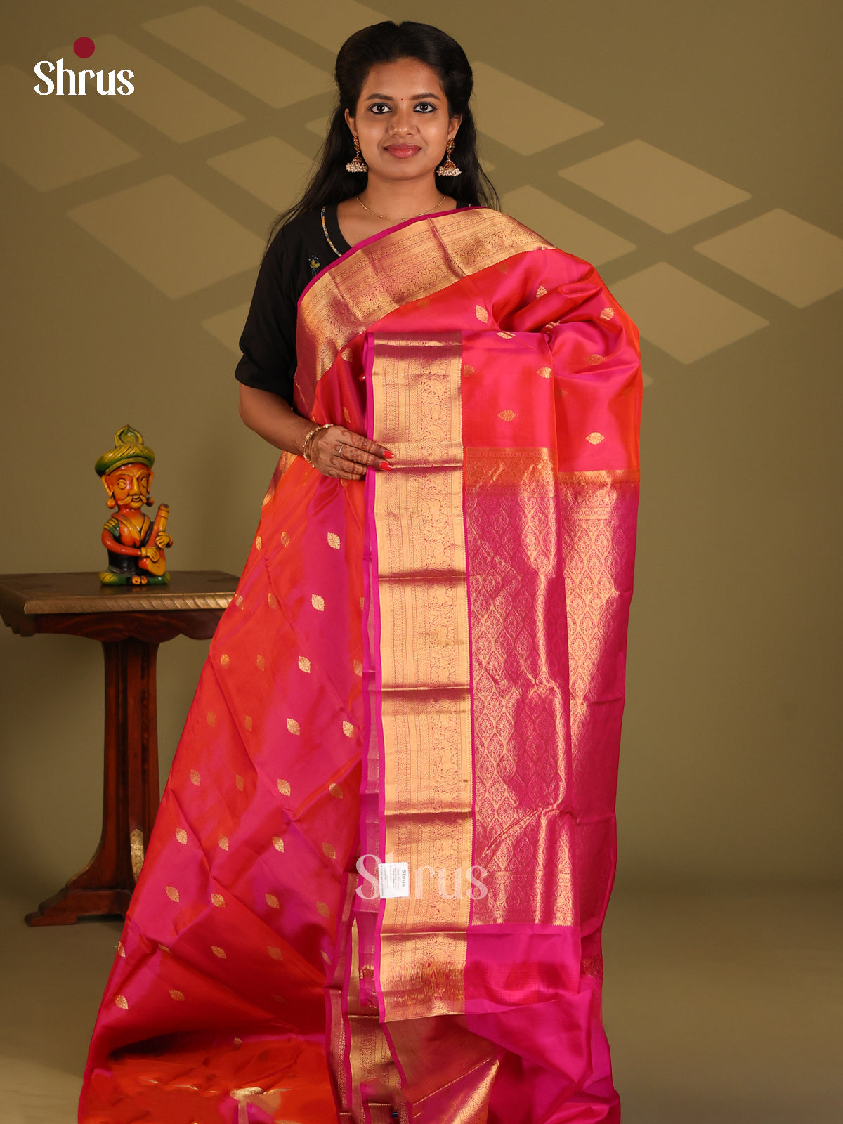 Orangish Pink & Pink - Kanchipuram-halfpure Saree - Shop on Shrus.com