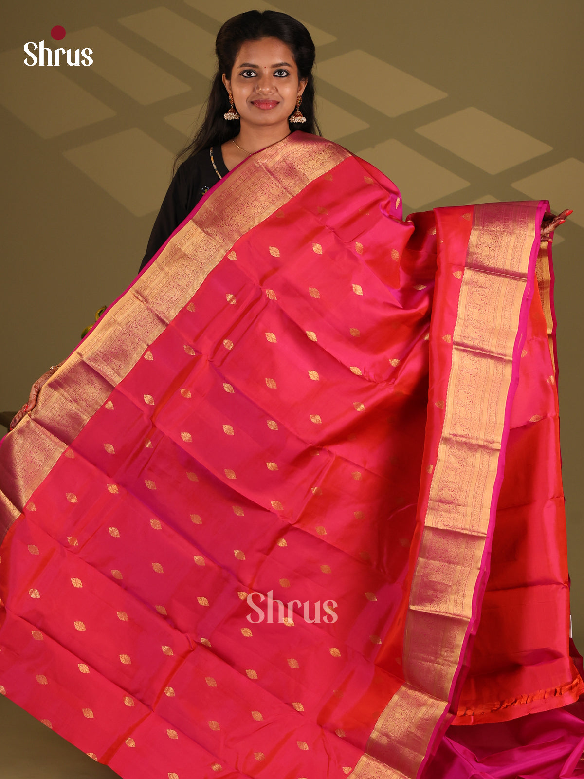 Orangish Pink & Pink - Kanchipuram-halfpure Saree - Shop on Shrus.com