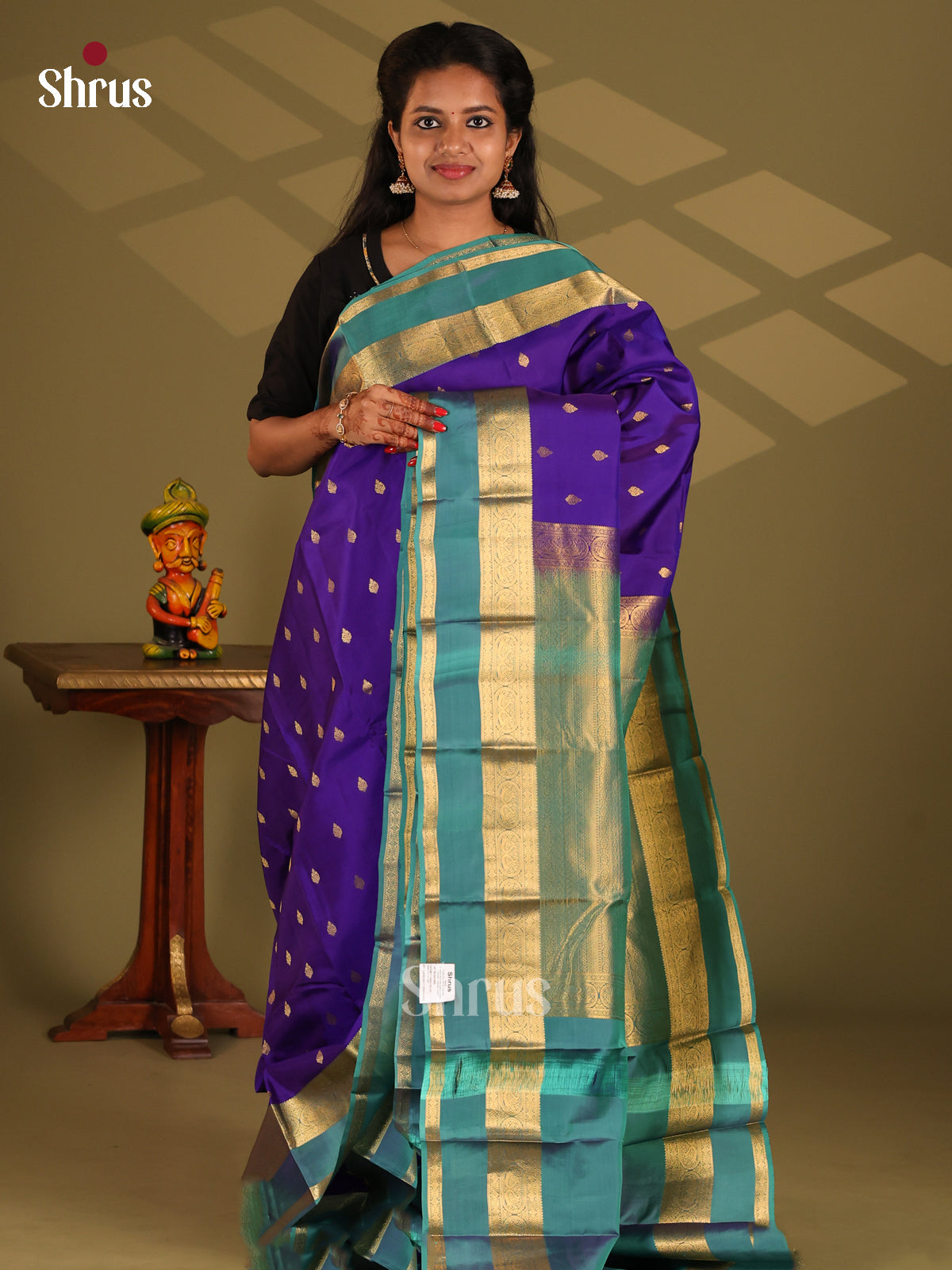 Blue & Teal - Kanchipuram-halfpure Saree - Shop on Shrus.com