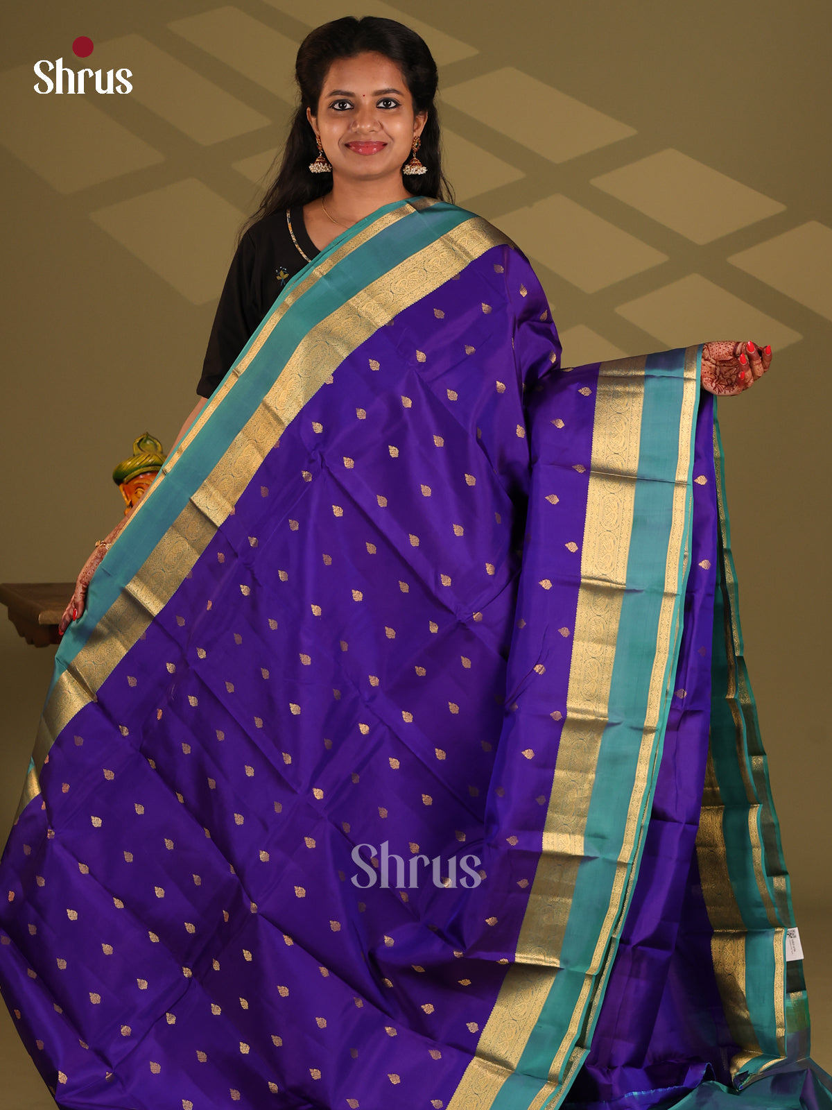 Blue & Teal - Kanchipuram-halfpure Saree - Shop on Shrus.com