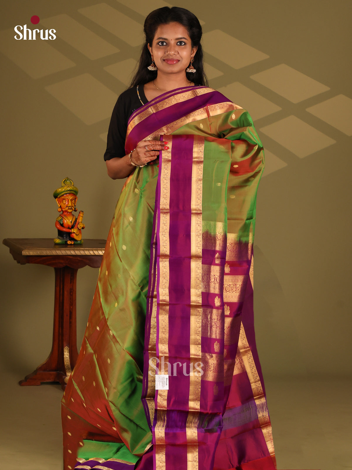 Double Shaded Green & Purple - Kanchipuram-halfpure Saree - Shop on Shrus.com