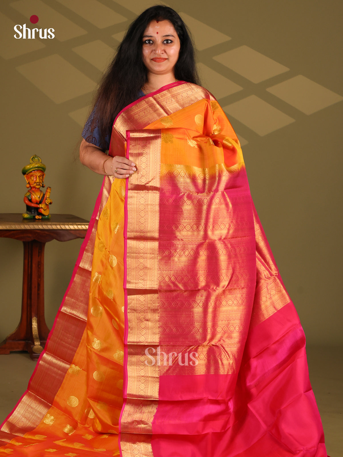 Orange & Red - Kanchipuram-halfpure Saree - Shop on Shrus.com