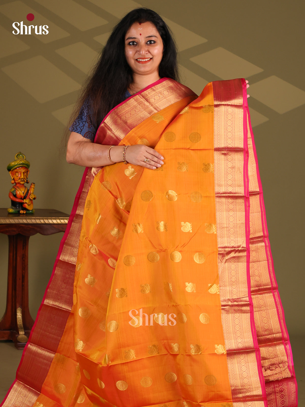 Orange & Red - Kanchipuram-halfpure Saree - Shop on Shrus.com