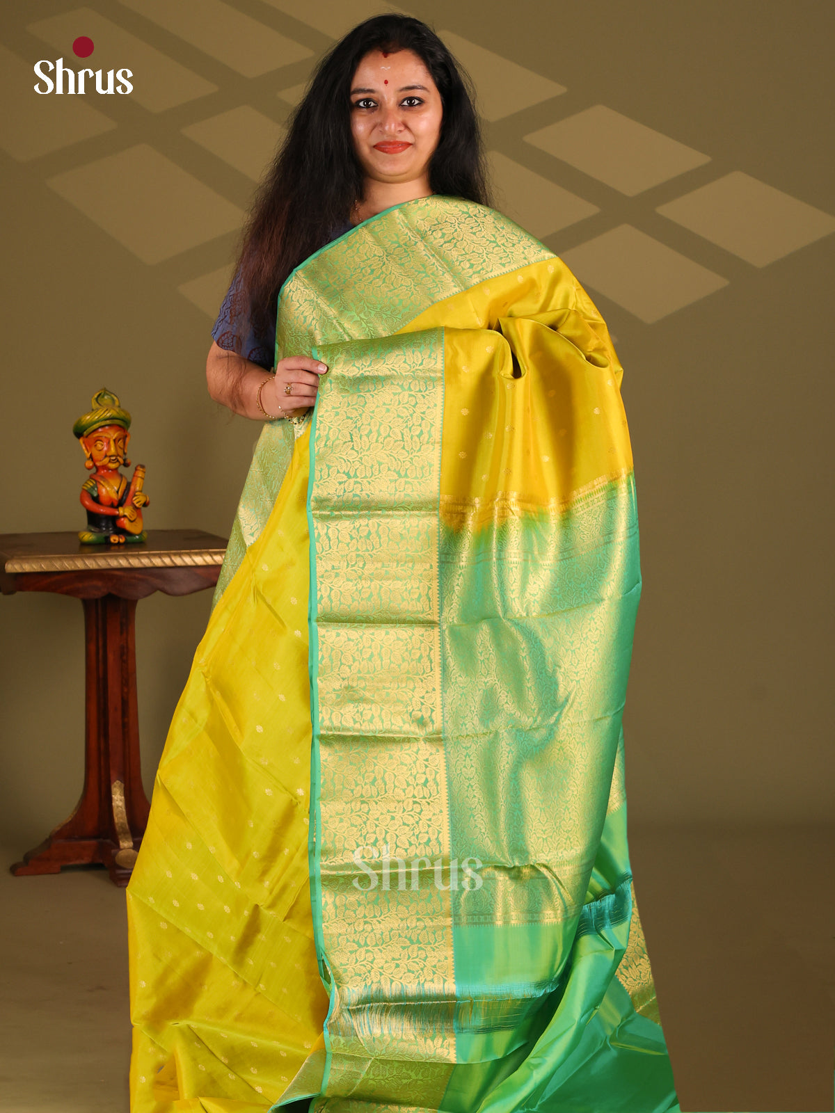 Yellow & Green- Kanchipuram-halfpure Saree - Shop on Shrus.com