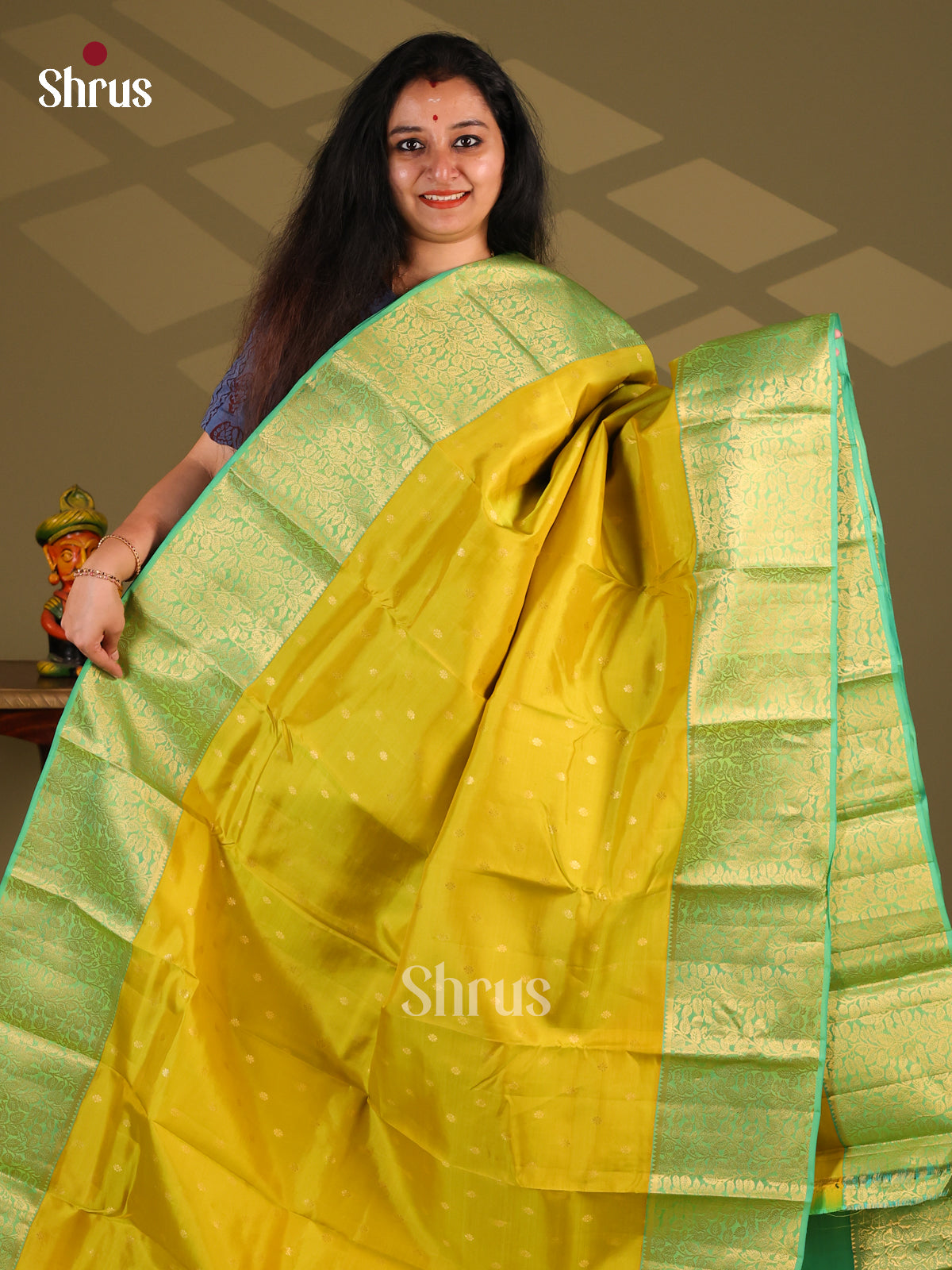 Yellow & Green- Kanchipuram-halfpure Saree - Shop on Shrus.com
