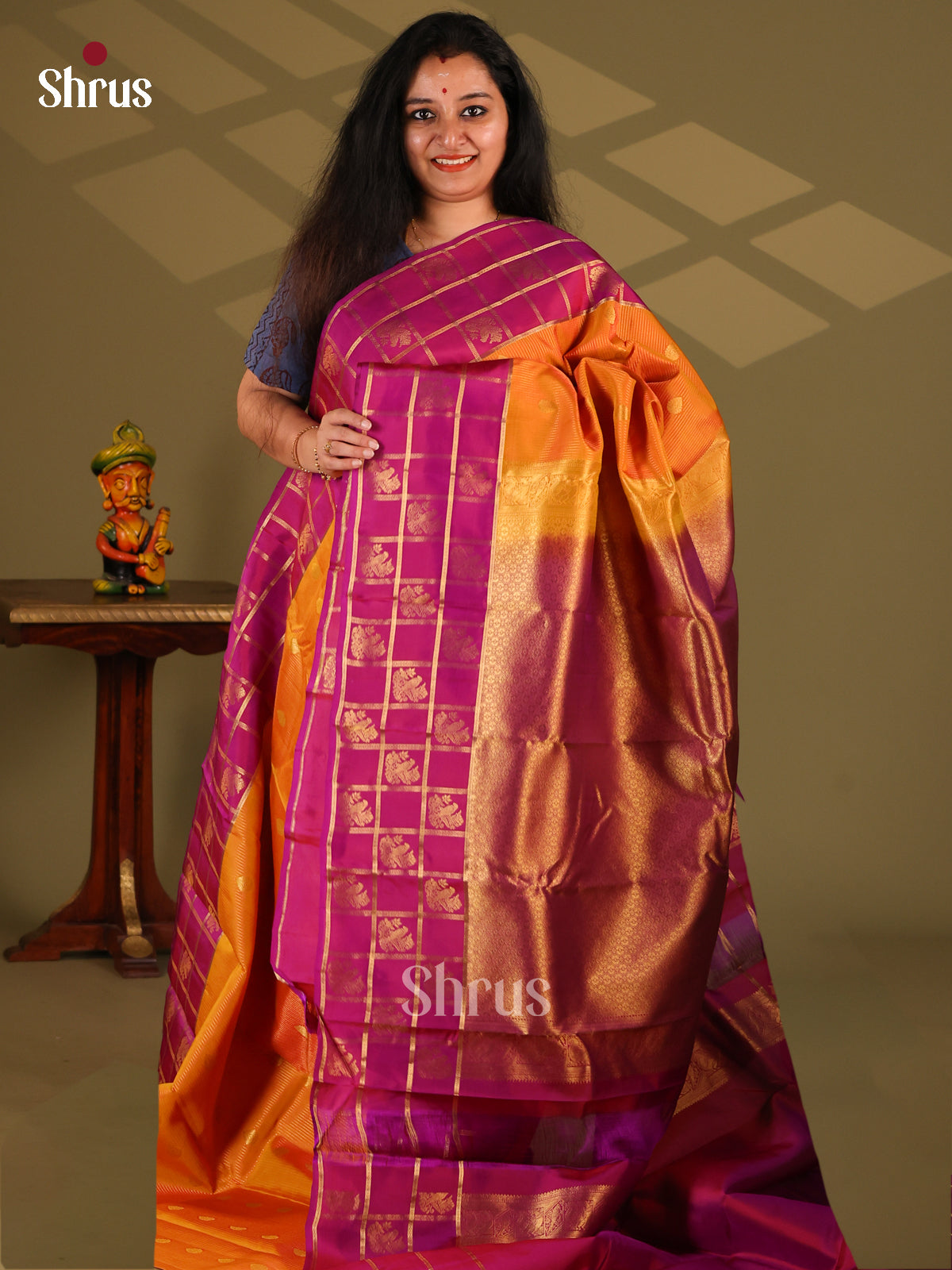 Orange & Purple - Kanchipuram-halfpure Saree - Shop on Shrus.com