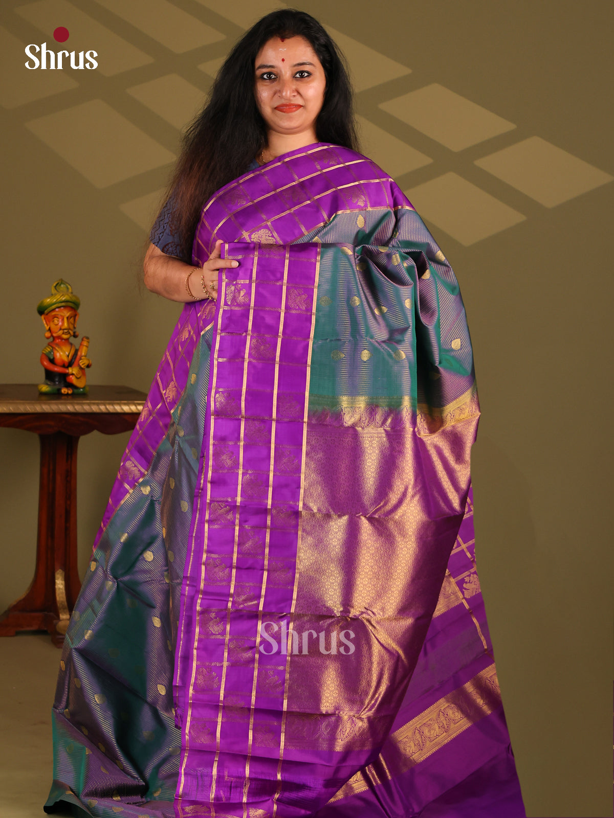 Peacock Green & Purple - Kanchipuram-halfpure Saree - Shop on Shrus.com