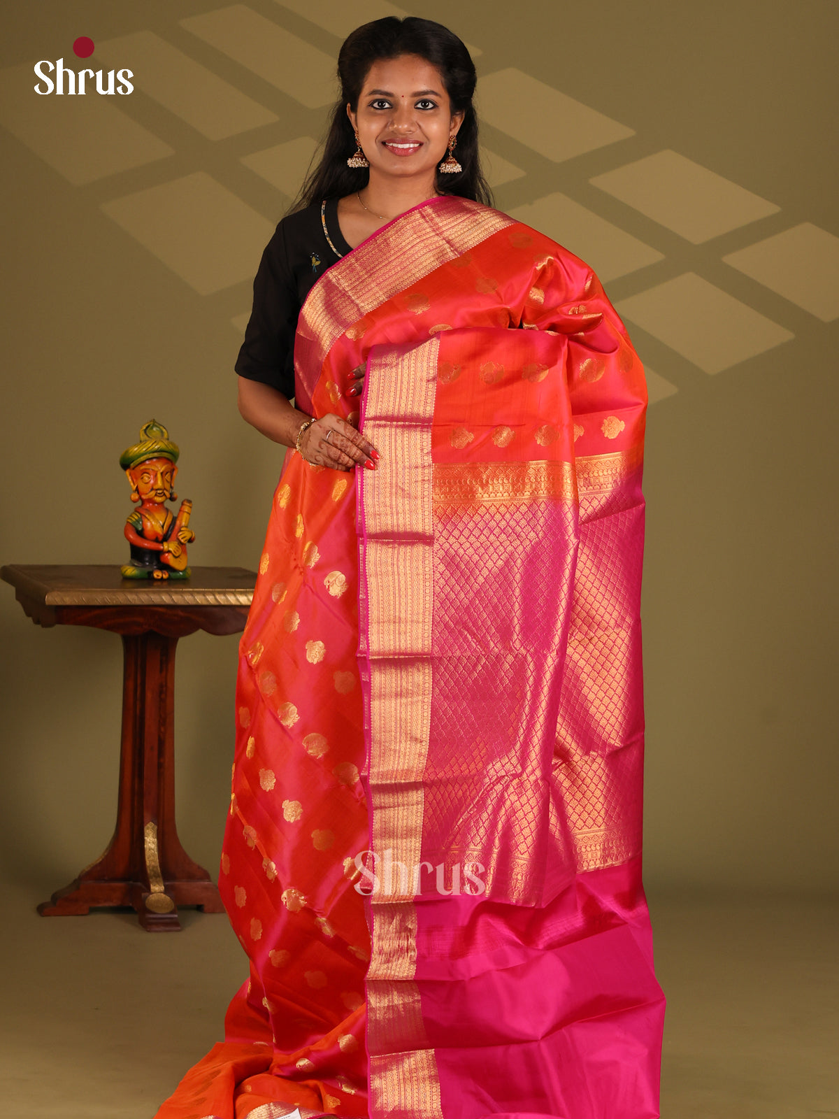Orange & Pink - Kanchipuram-halfpure Saree - Shop on Shrus.com