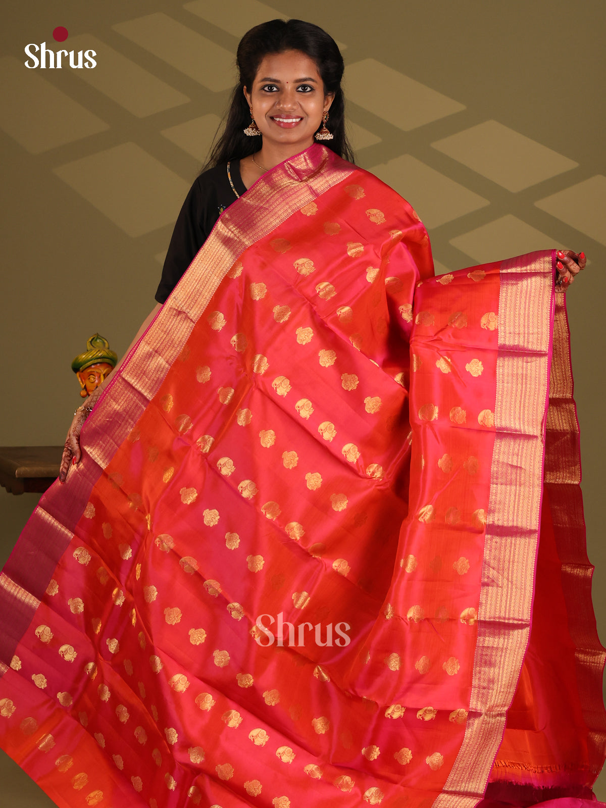 Orange & Pink - Kanchipuram-halfpure Saree - Shop on Shrus.com