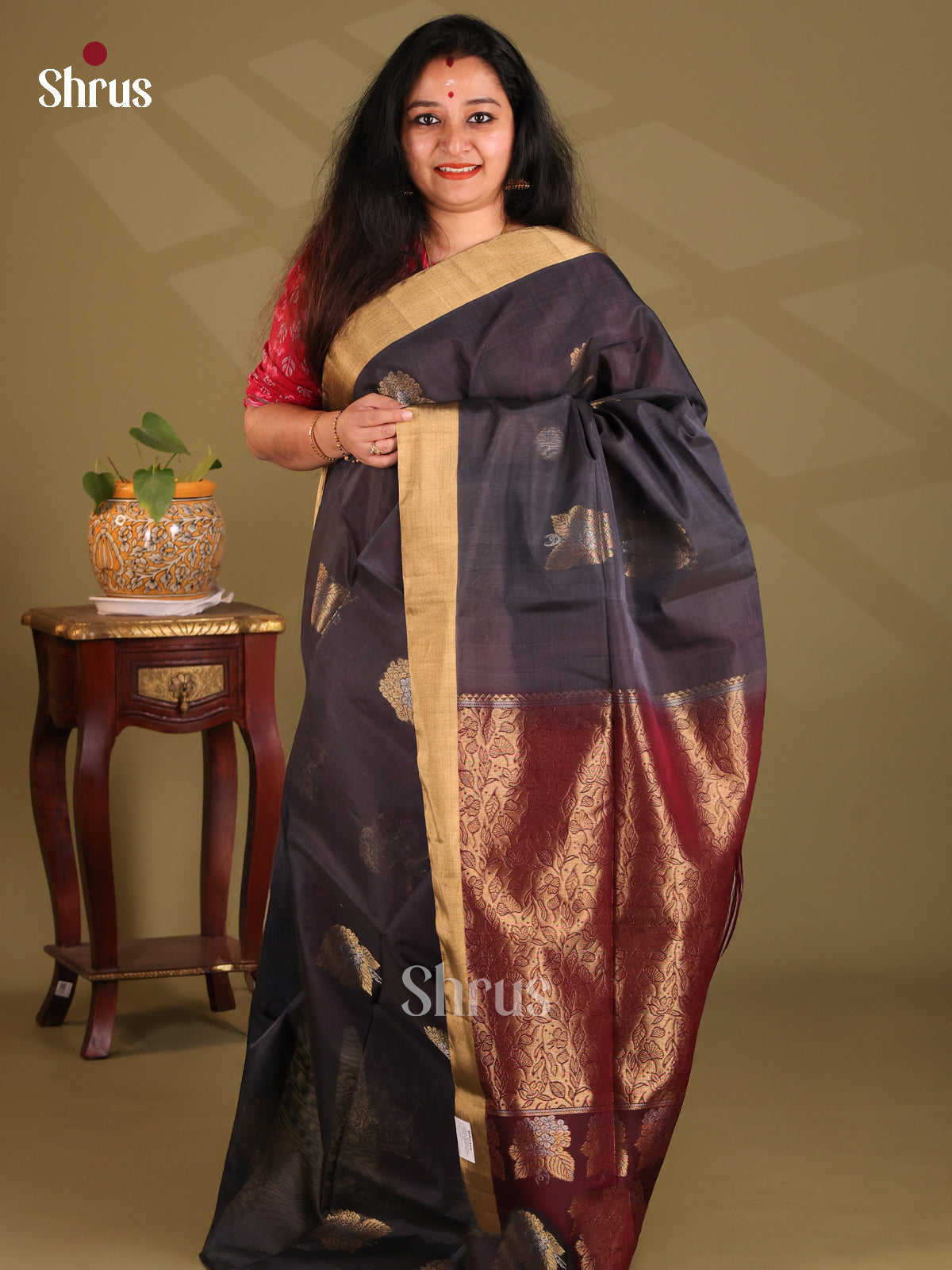 Black & Maroon - Silk Cotton Saree - Shop on Shrus.com