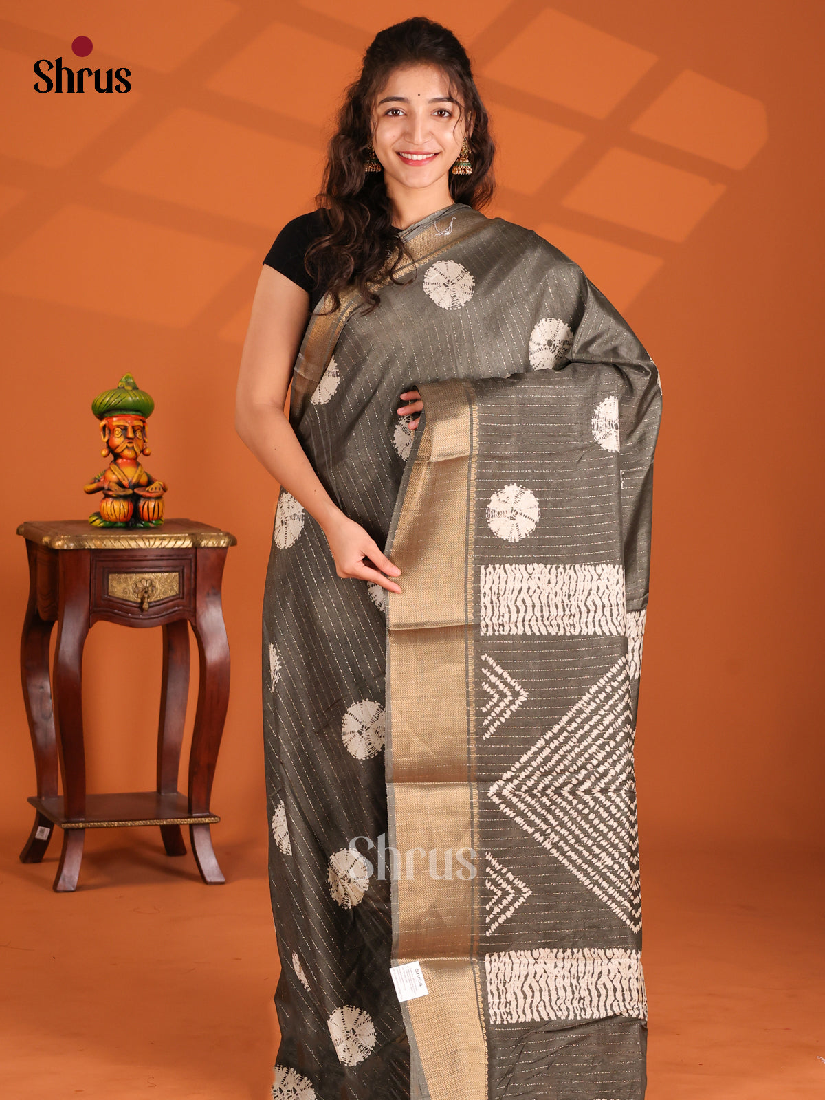 Elephant Grey - Semi Crepe Saree - Shop on Shrus.com
