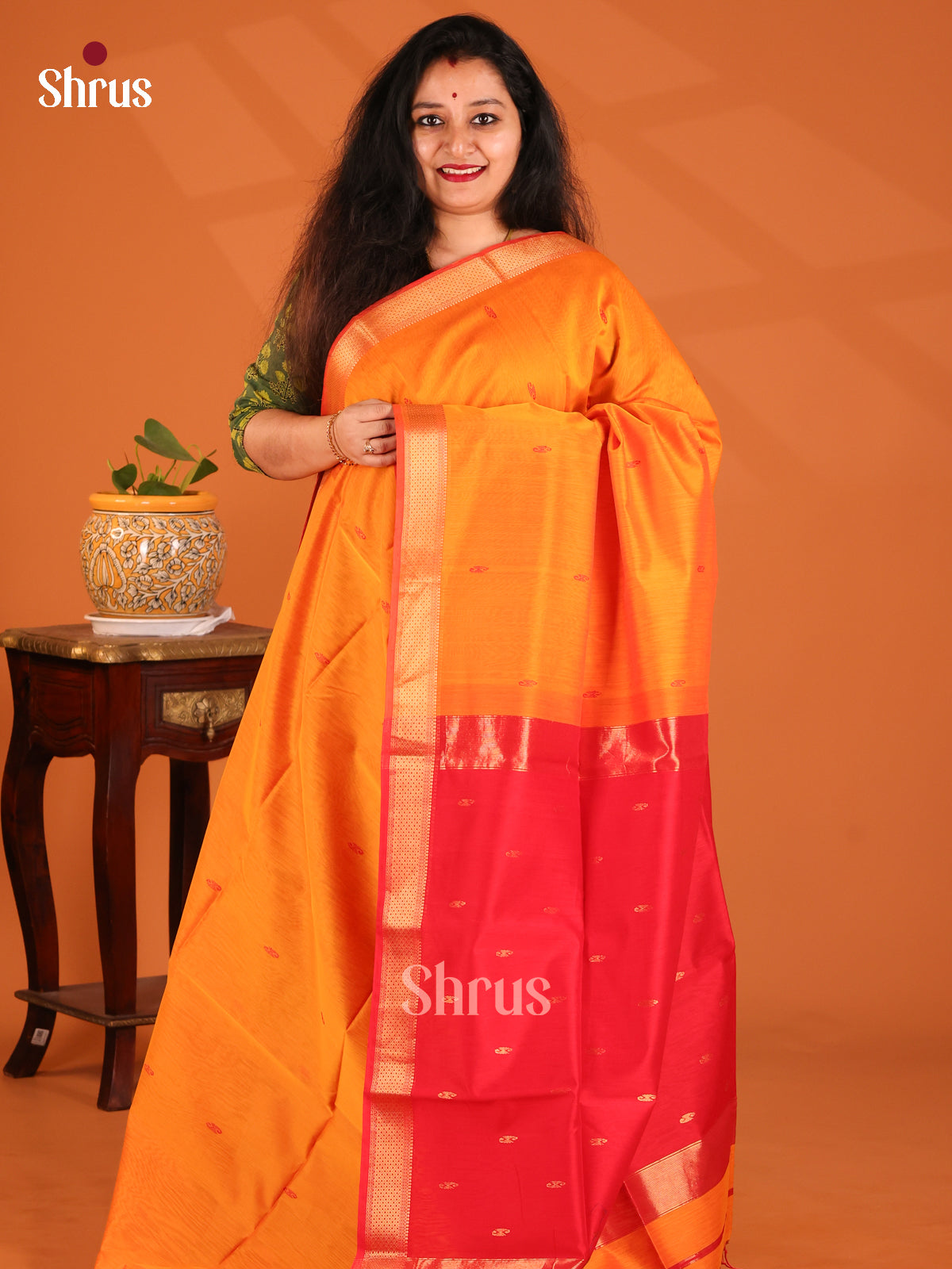 Orange with Red - Maheshwari silkcotton Saree - Shop on Shrus.com