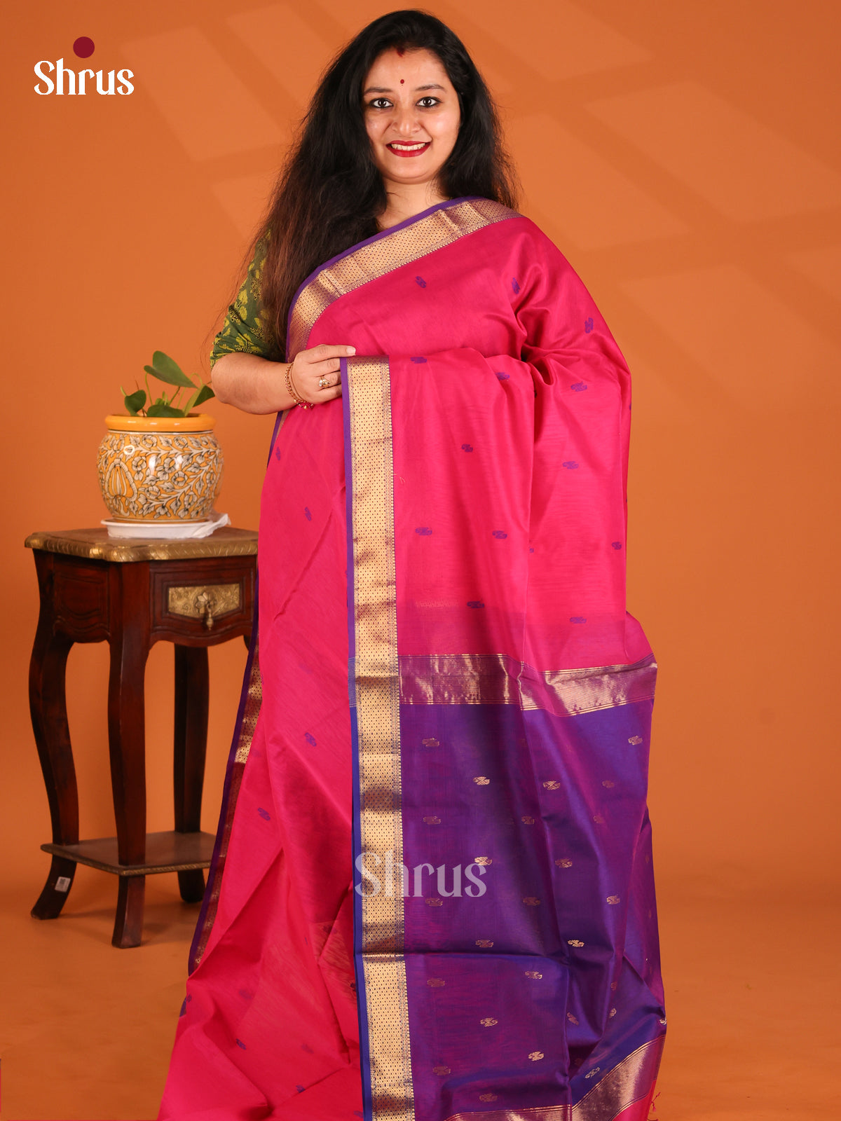 Pink with Violet - Maheshwari silkcotton Saree - Shop on Shrus.com