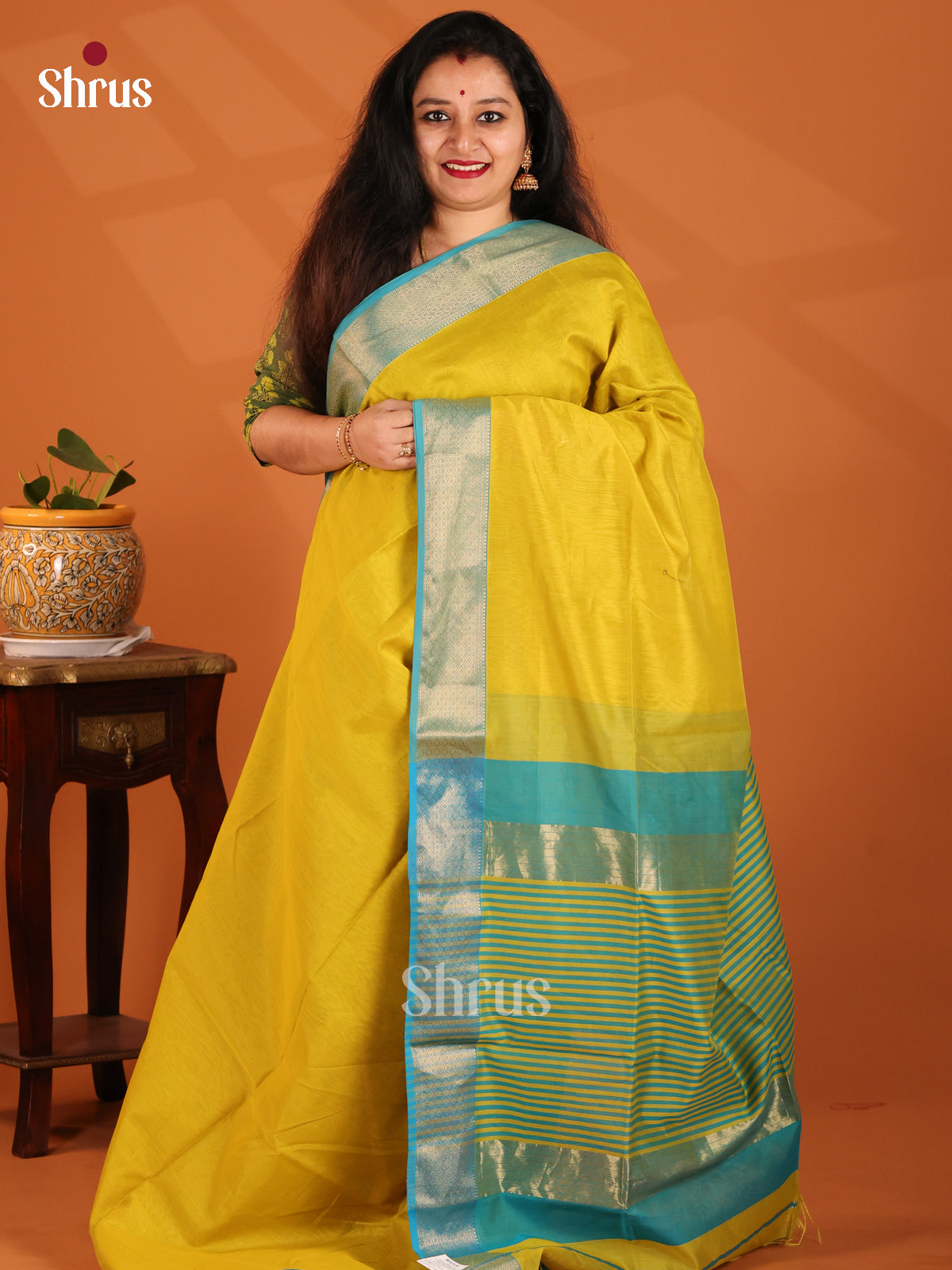 Yellow with Teal- Maheshwari silkcotton Saree - Shop on Shrus.com
