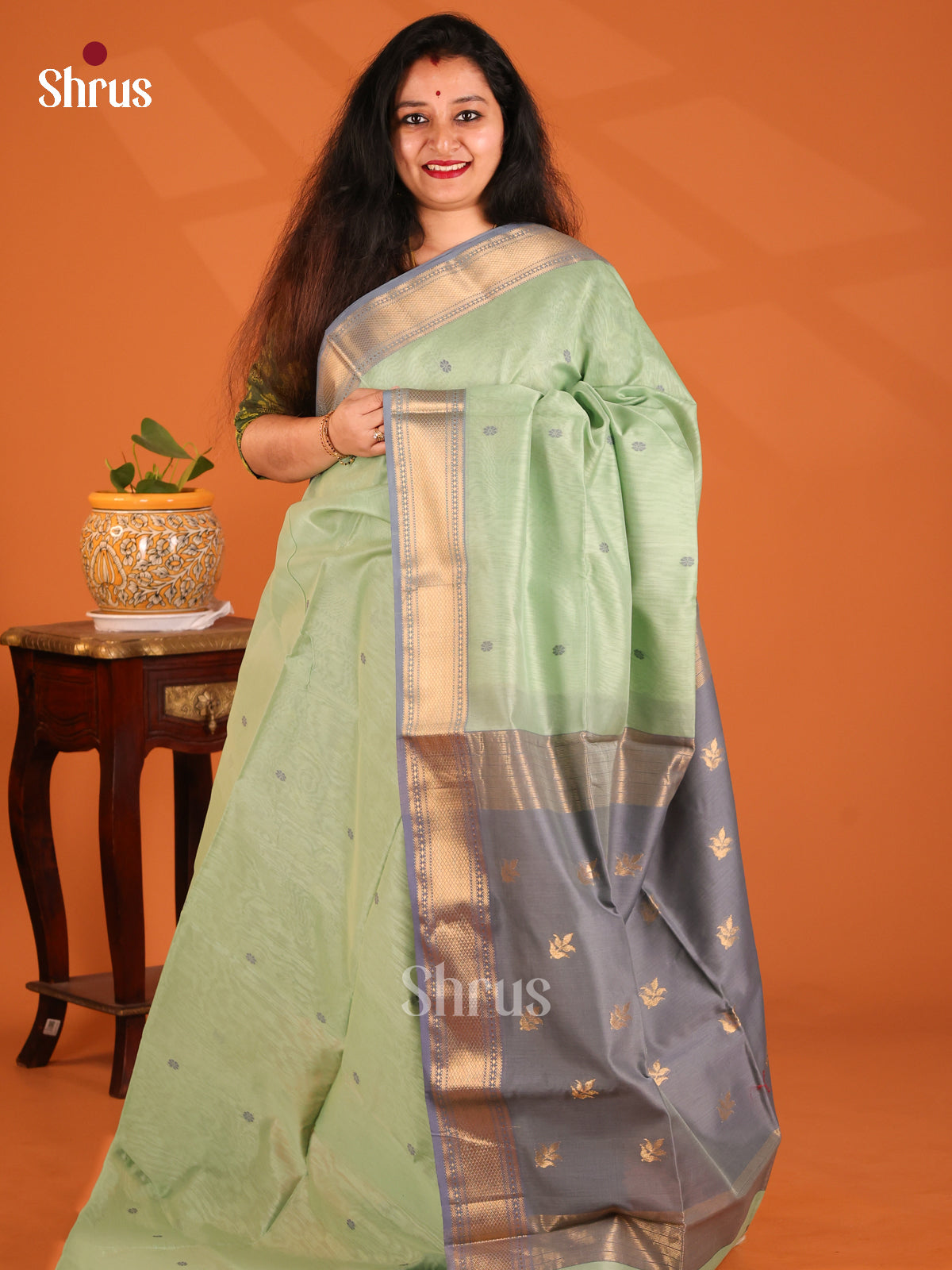 Pista Green with Grey- Maheshwari silkcotton Saree - Shop on Shrus.com