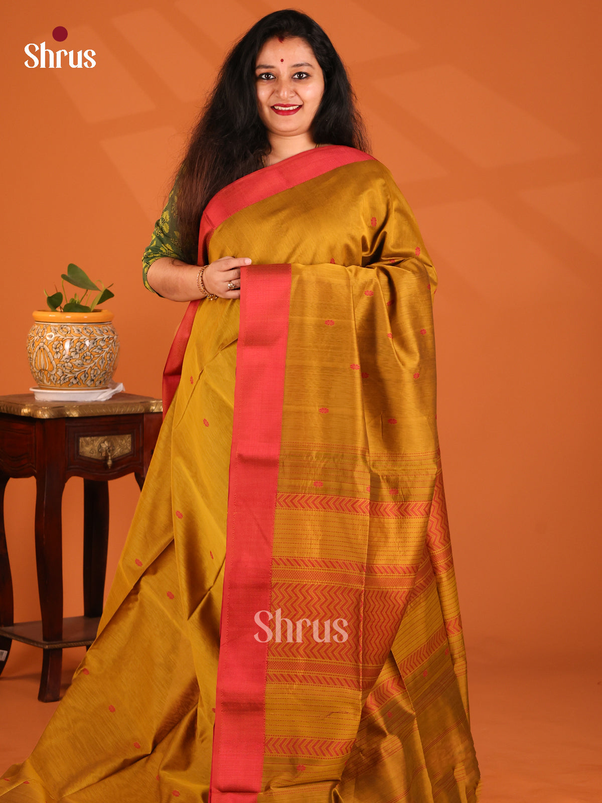 Mustard with Red- Maheshwari silkcotton Saree - Shop on Shrus.com