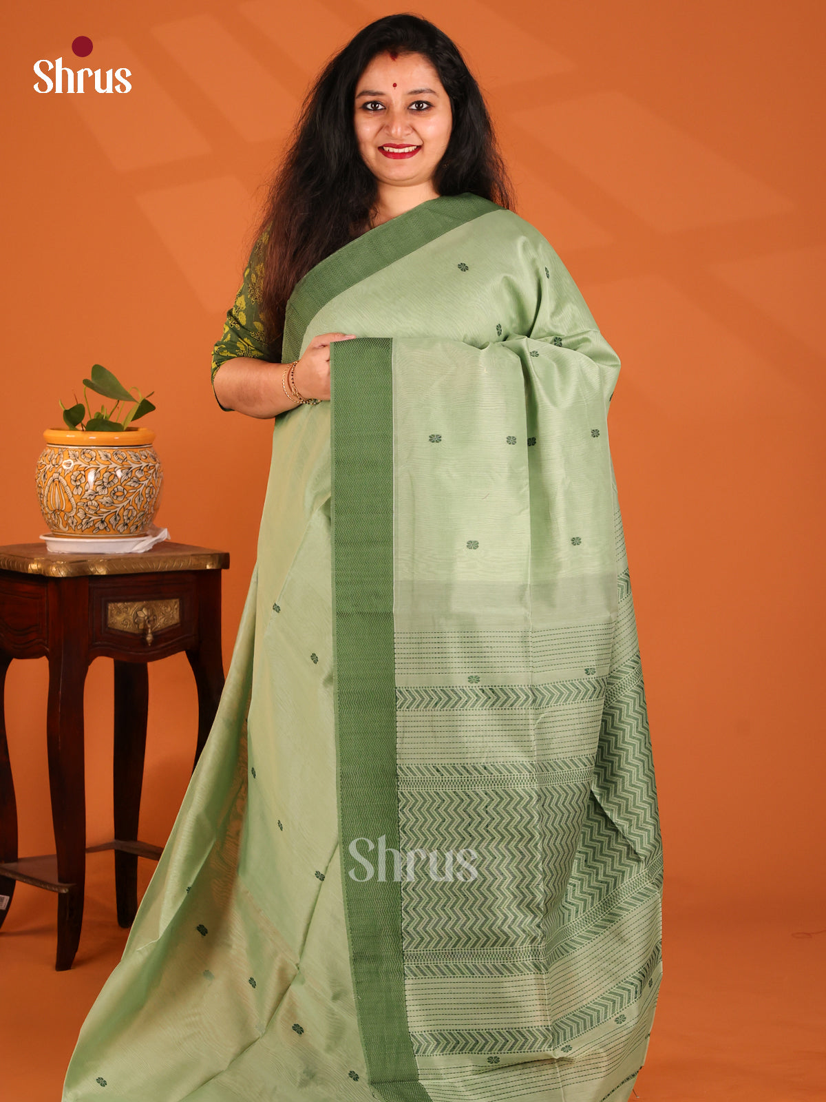 Pastel Green & Green - Maheshwari silkcotton Saree - Shop on Shrus.com