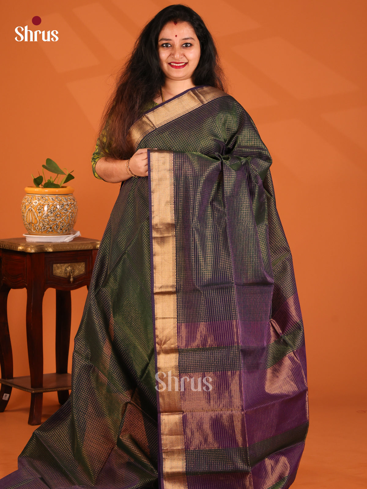 Dark Green with Violet - Maheshwari silkcotton Saree - Shop on Shrus.com