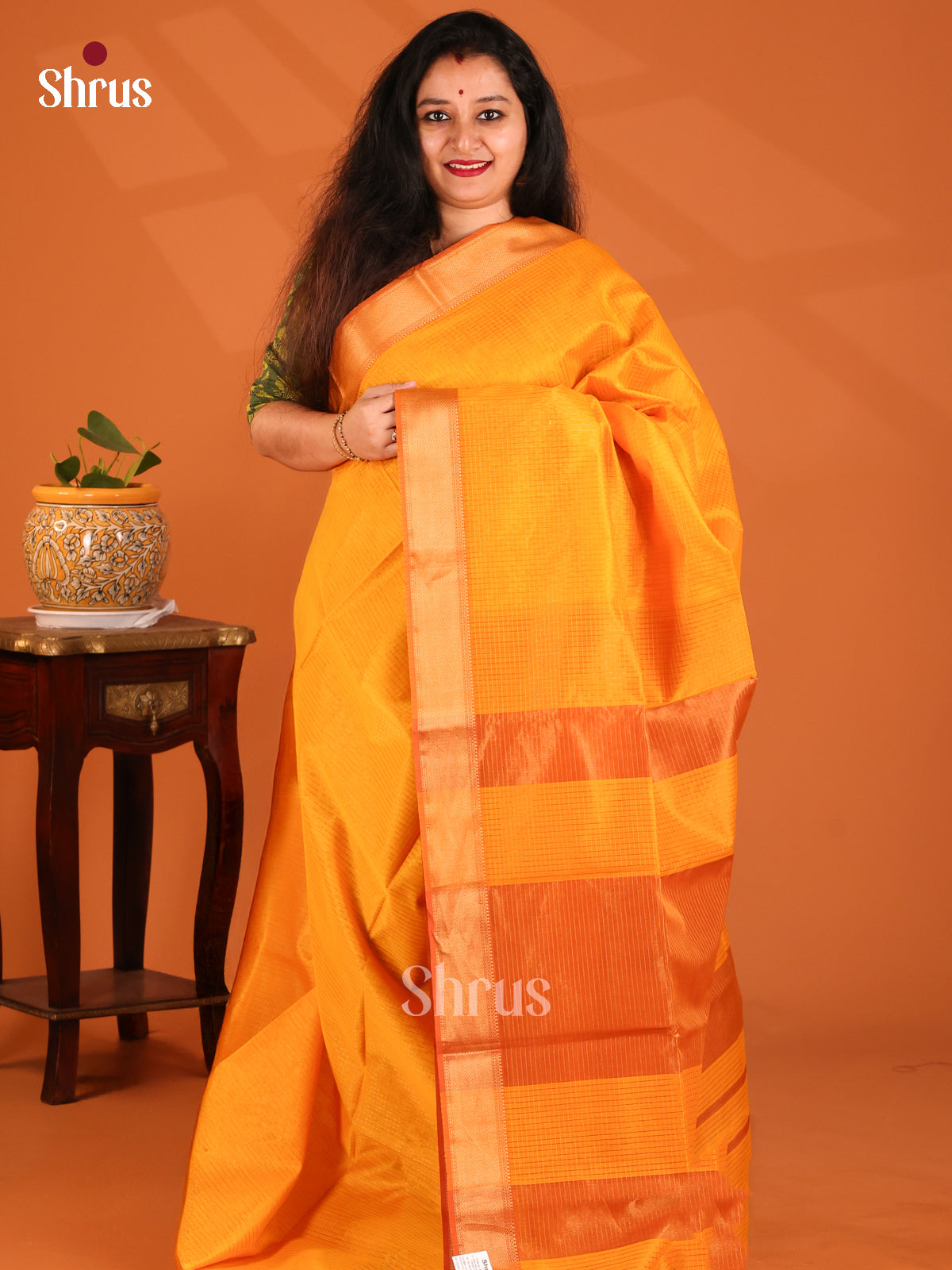 Mustard with Brick- Maheshwari silkcotton Saree - Shop on Shrus.com