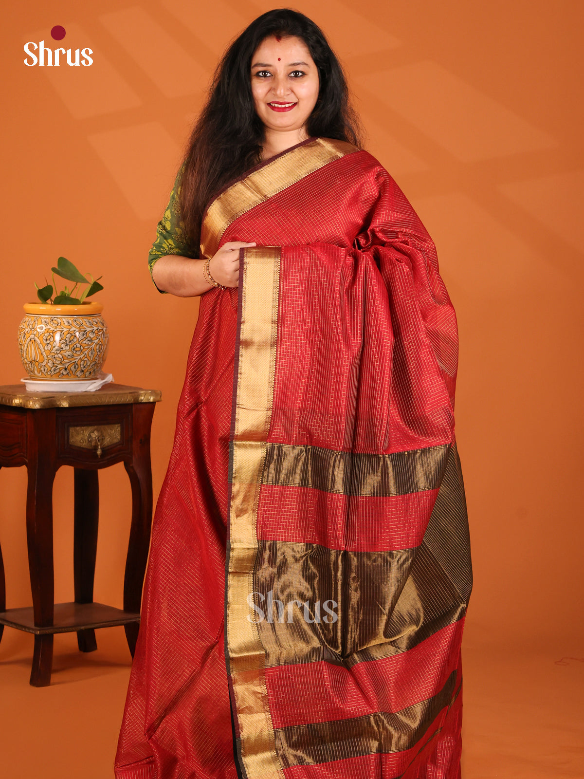 Red with Brown - Maheshwari silkcotton Saree - Shop on Shrus.com