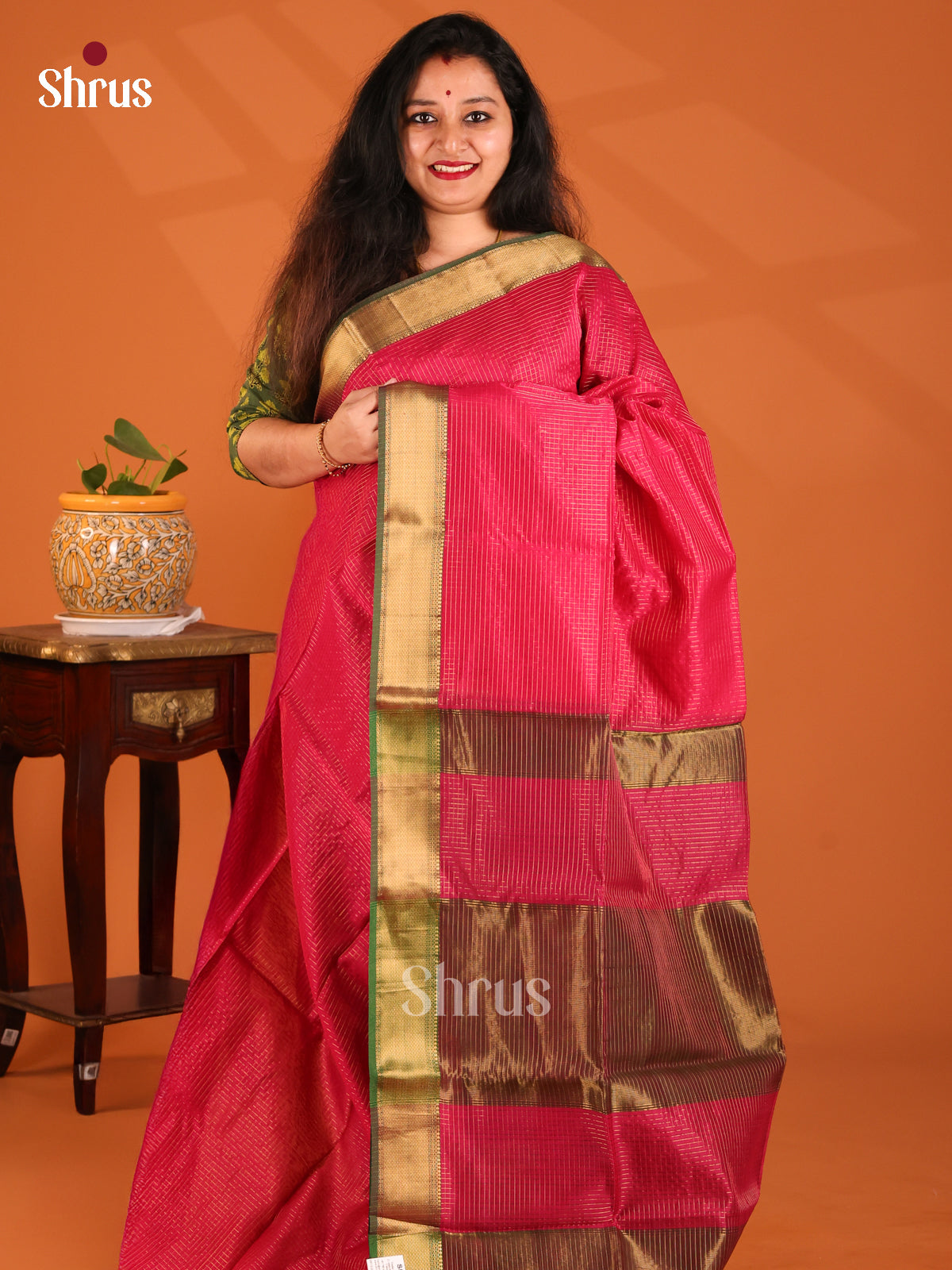 Pink with Green- Maheshwari silkcotton Saree - Shop on Shrus.com