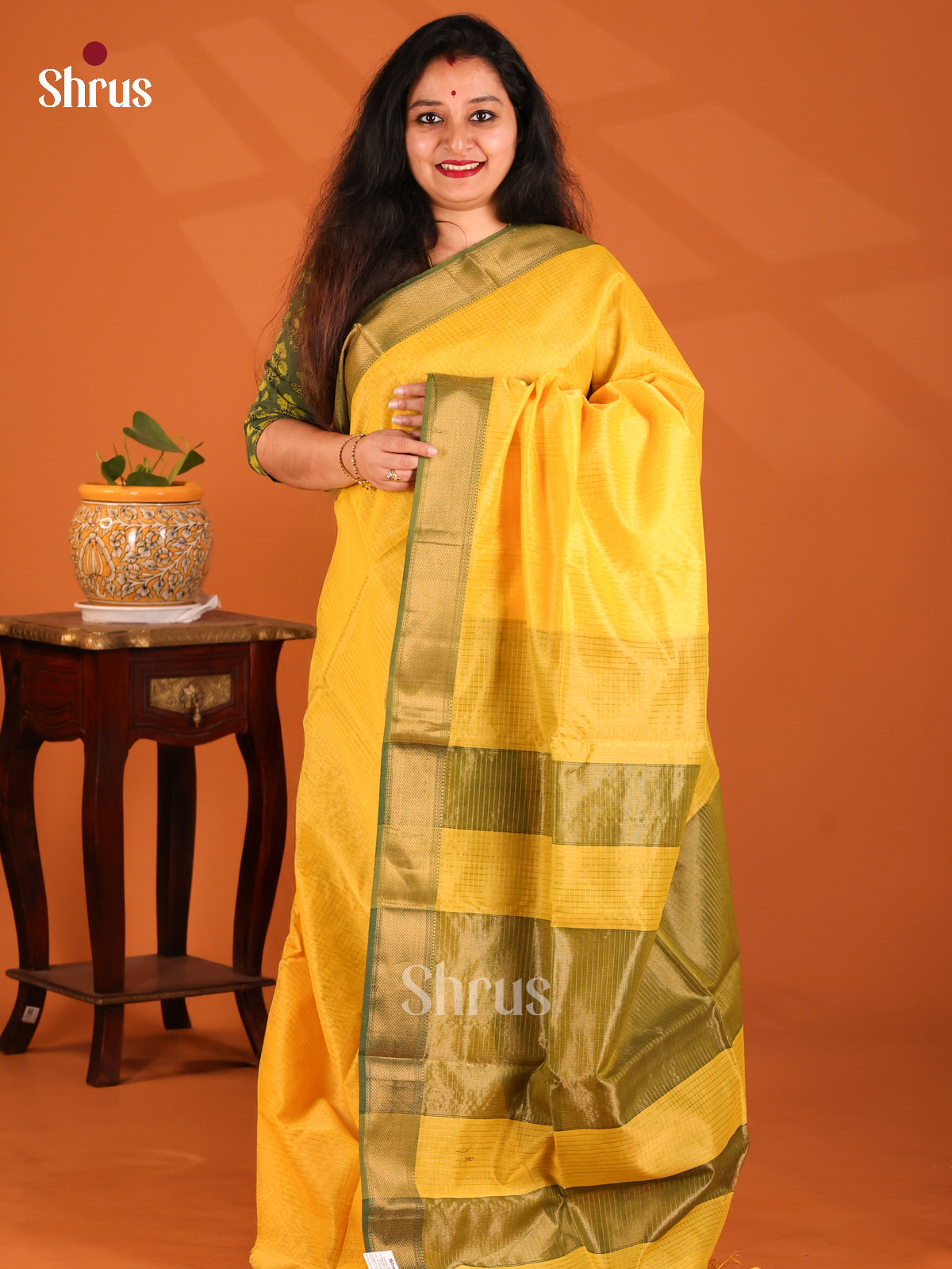 Yellow with Green - Maheshwari silkcotton Saree - Shop on Shrus.com