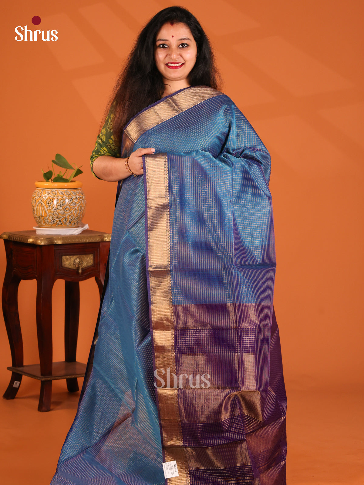 Blue with Violet- Maheshwari silkcotton Saree - Shop on Shrus.com