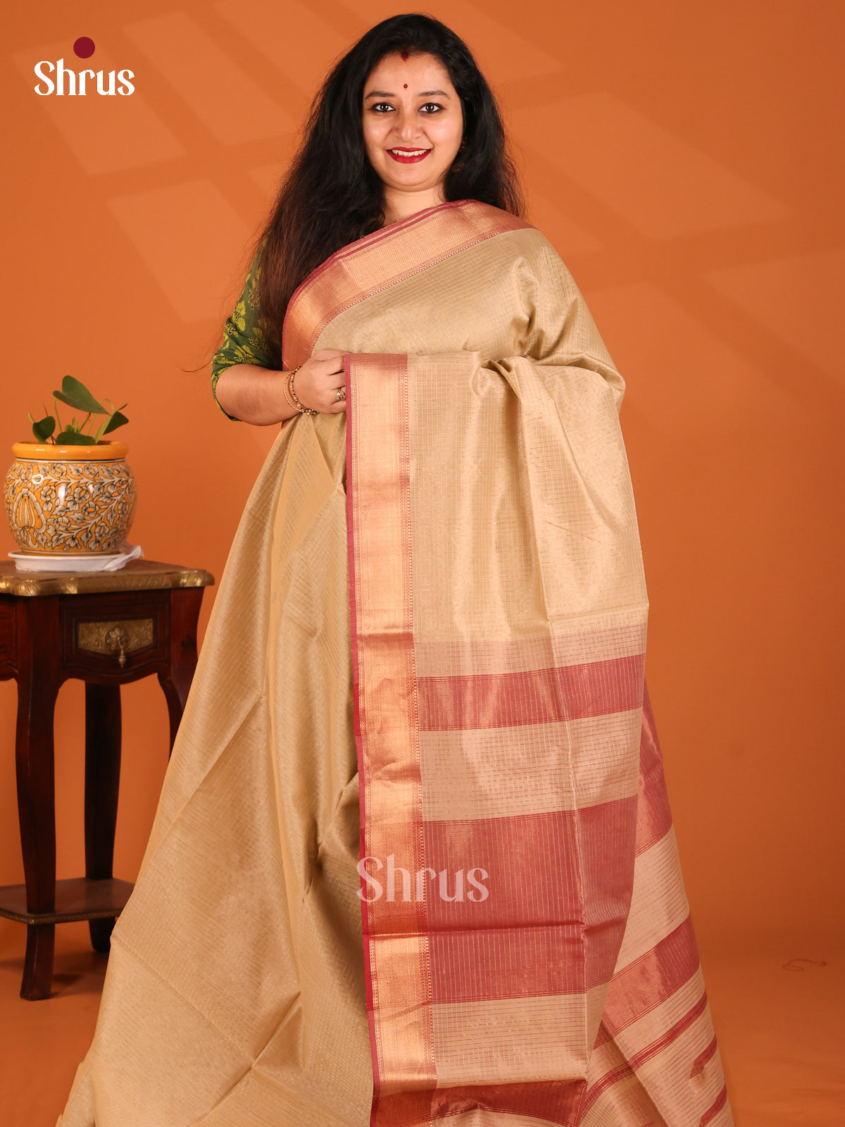 Beige with Maroon - Maheshwari silkcotton Saree - Shop on Shrus.com