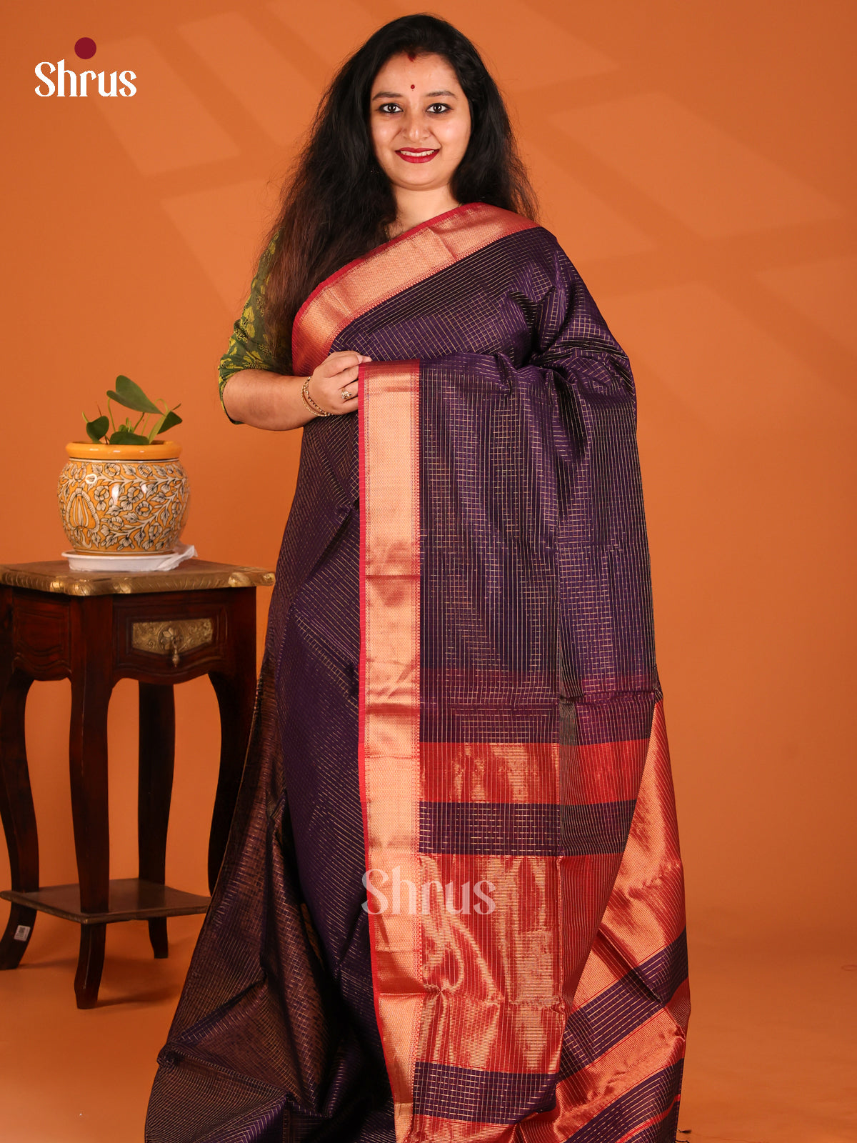 Violet with Red- Maheshwari silkcotton Saree - Shop on Shrus.com