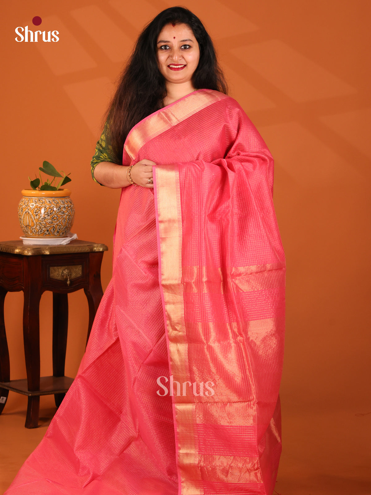Pink(Single Tone)- Maheshwari silkcotton Saree - Shop on Shrus.com