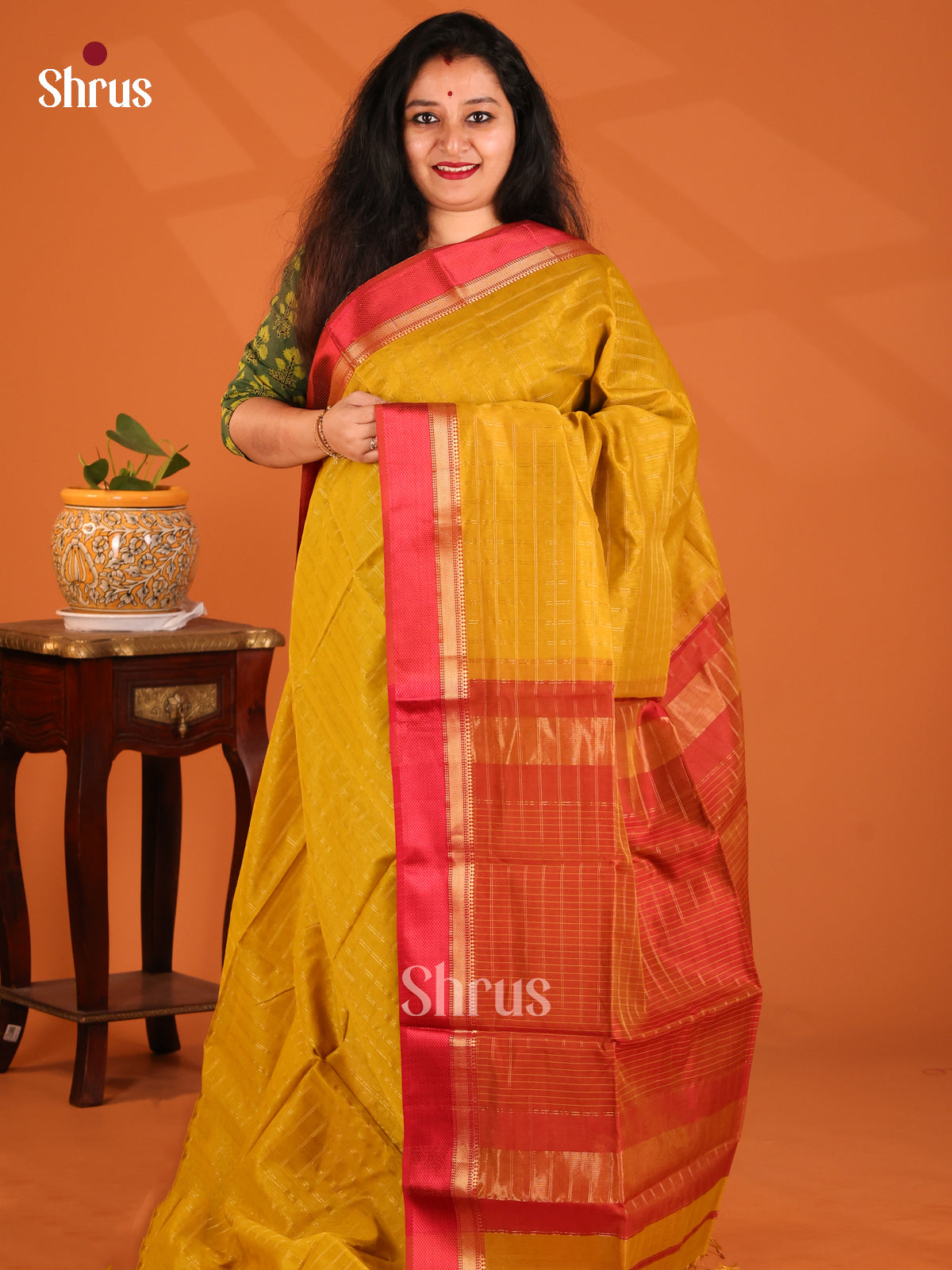 Mustard with Maroon - Maheshwari silkcotton Saree - Shop on Shrus.com