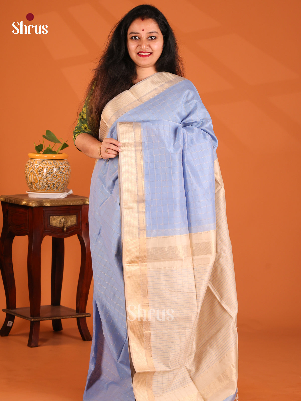 Pastel Blue with Cream - Maheshwari silkcotton Saree - Shop on Shrus.com