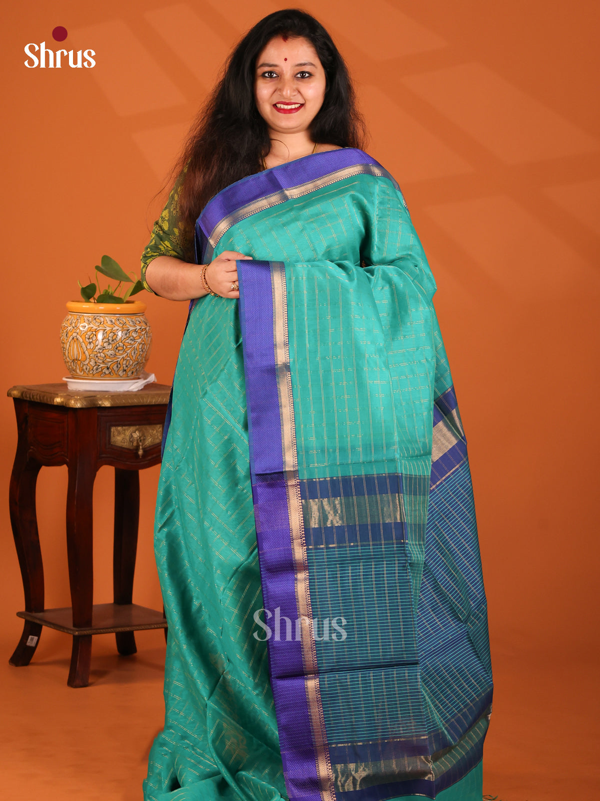 Teal & Blue- Maheshwari silkcotton Saree - Shop on Shrus.com