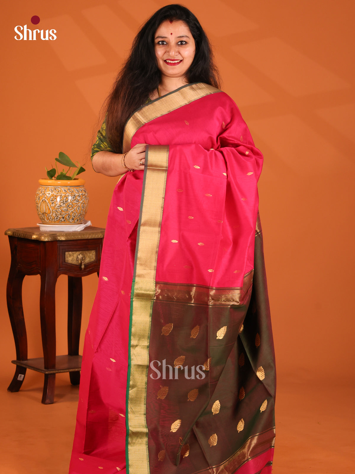 Pink & Green - Maheshwari silkcotton Saree - Shop on Shrus.com