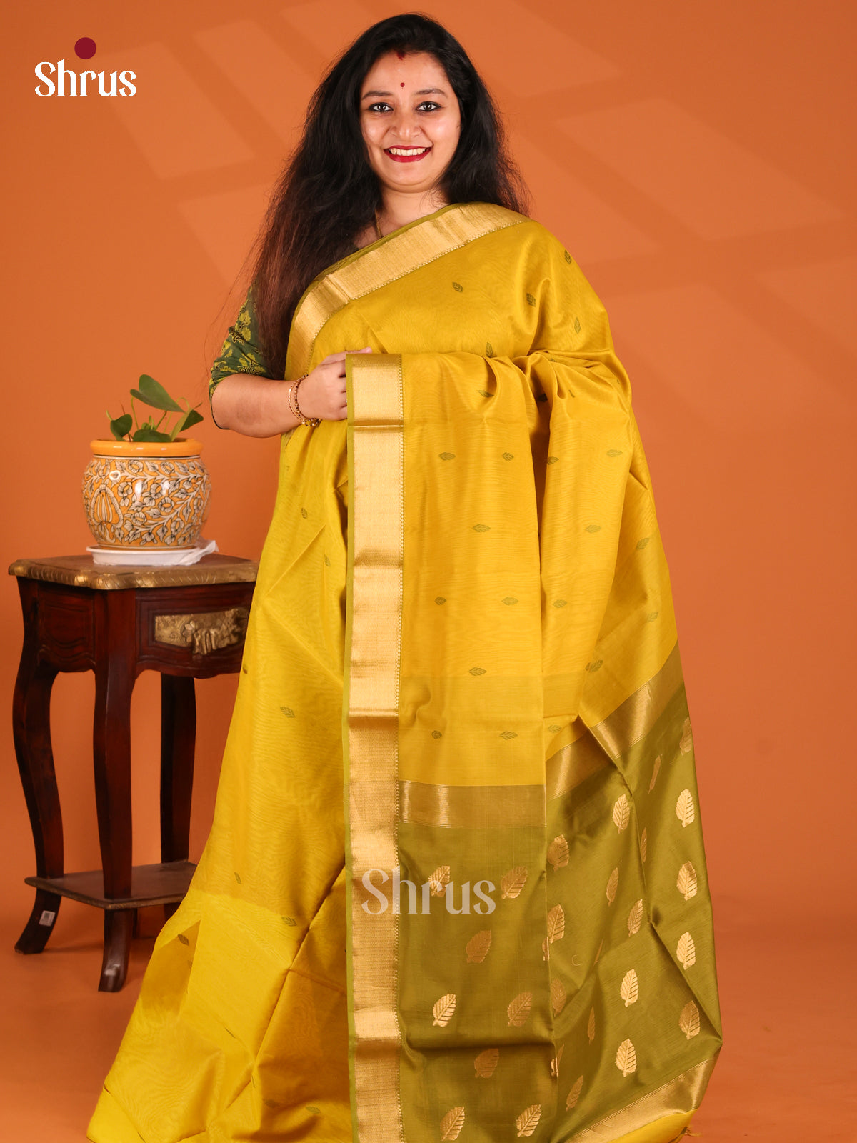Mustardy Green with Green- Maheshwari silkcotton Saree - Shop on Shrus.com