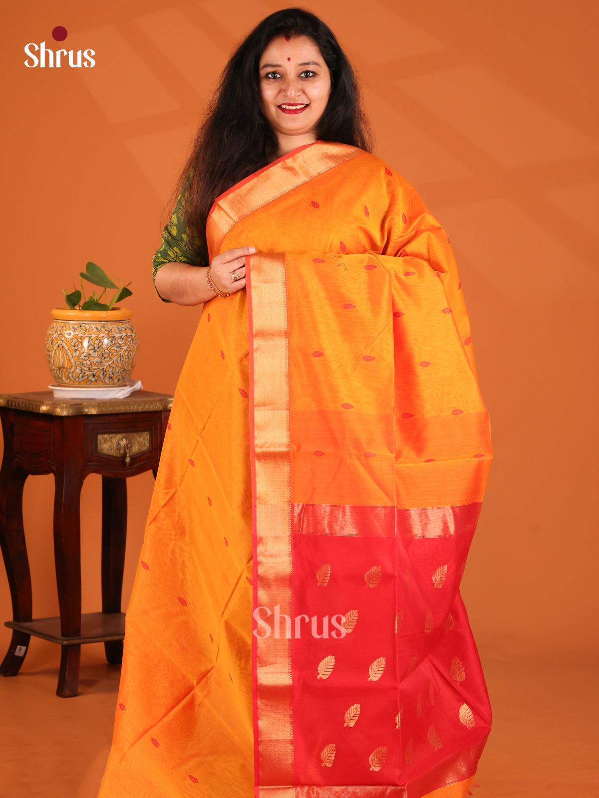 Mustard with Red- Maheshwari silkcotton Saree - Shop on Shrus.com