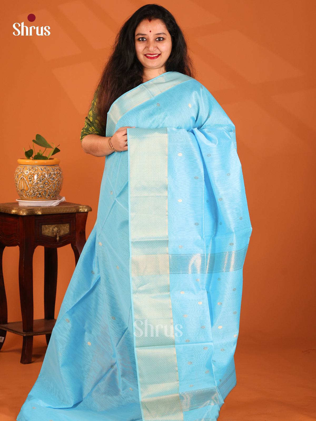 Lite Blue(Single tone) - Maheshwari silkcotton Saree - Shop on Shrus.com
