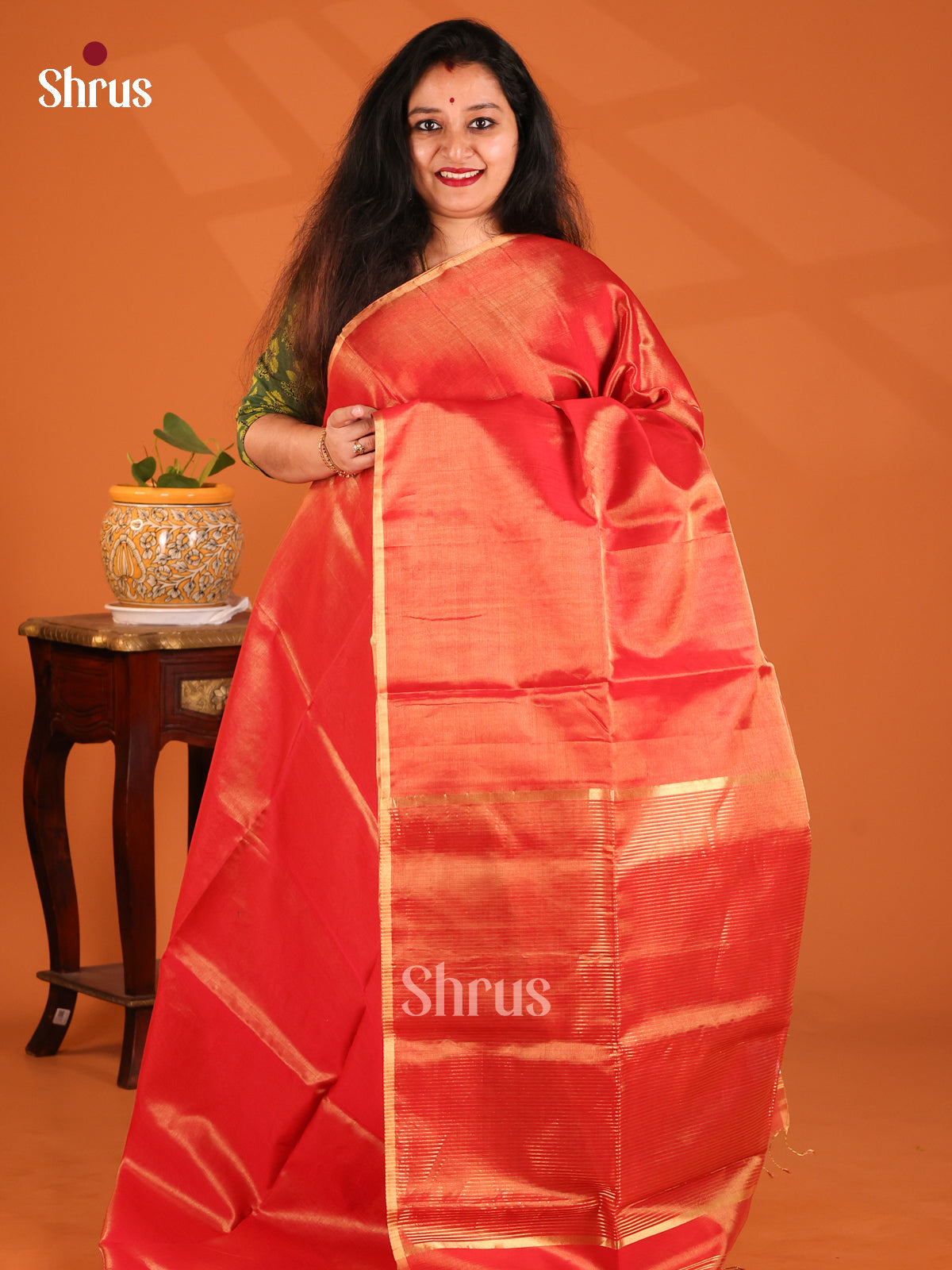 Orange(Single Tone)- Maheshwari silkcotton Saree - Shop on Shrus.com