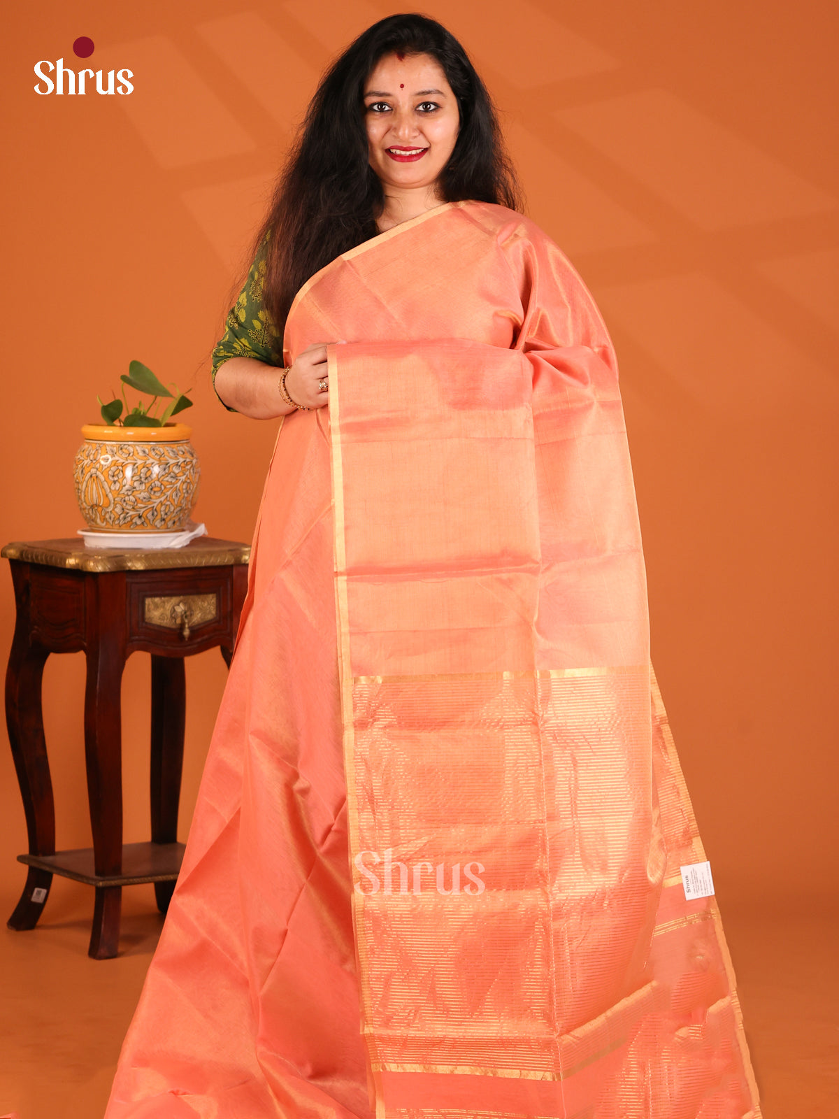 Orangish Peach(Single tone)- Maheshwari silkcotton Saree - Shop on Shrus.com