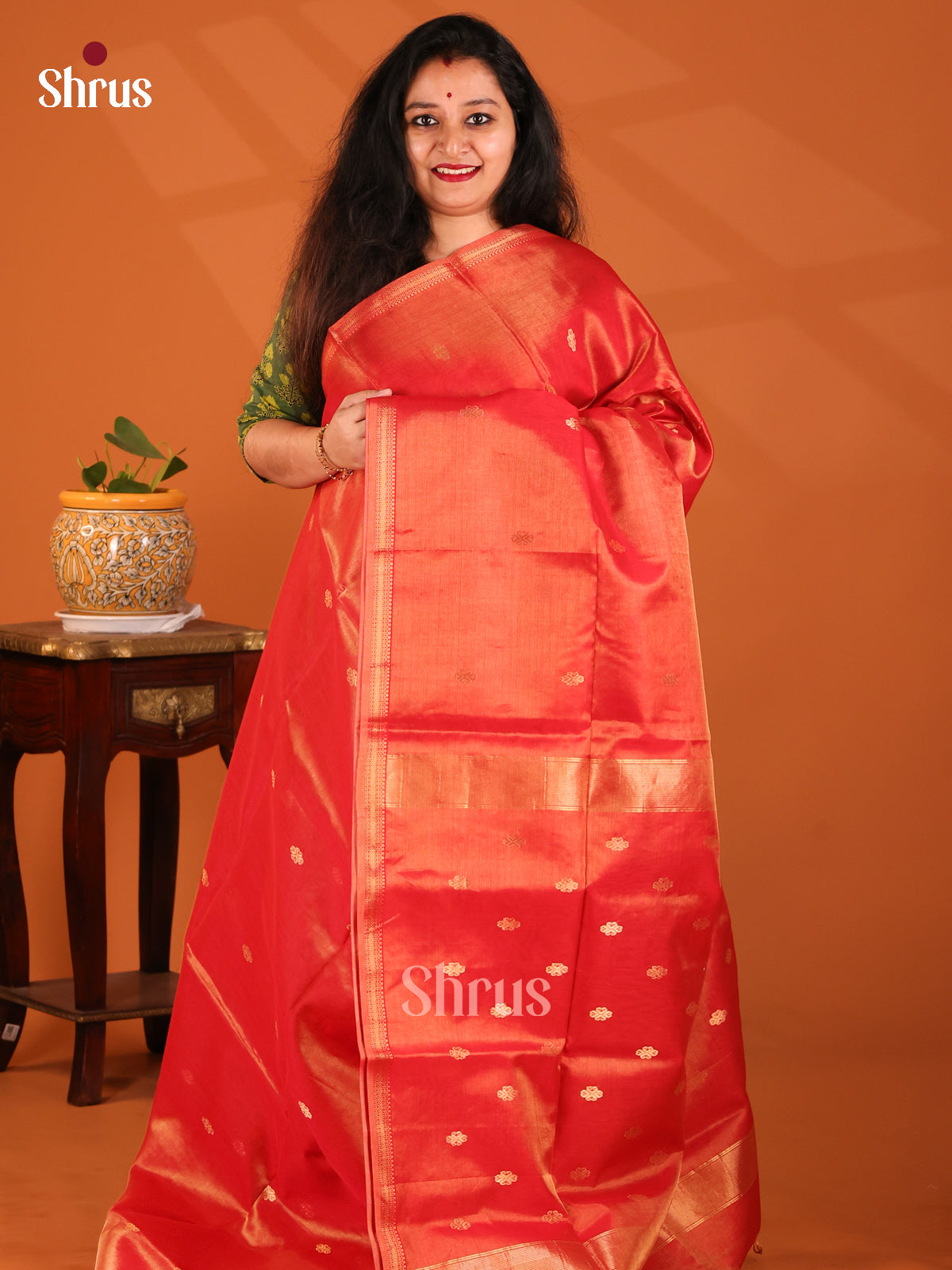 Orange(Single Tone)- Maheshwari silkcotton Saree - Shop on Shrus.com