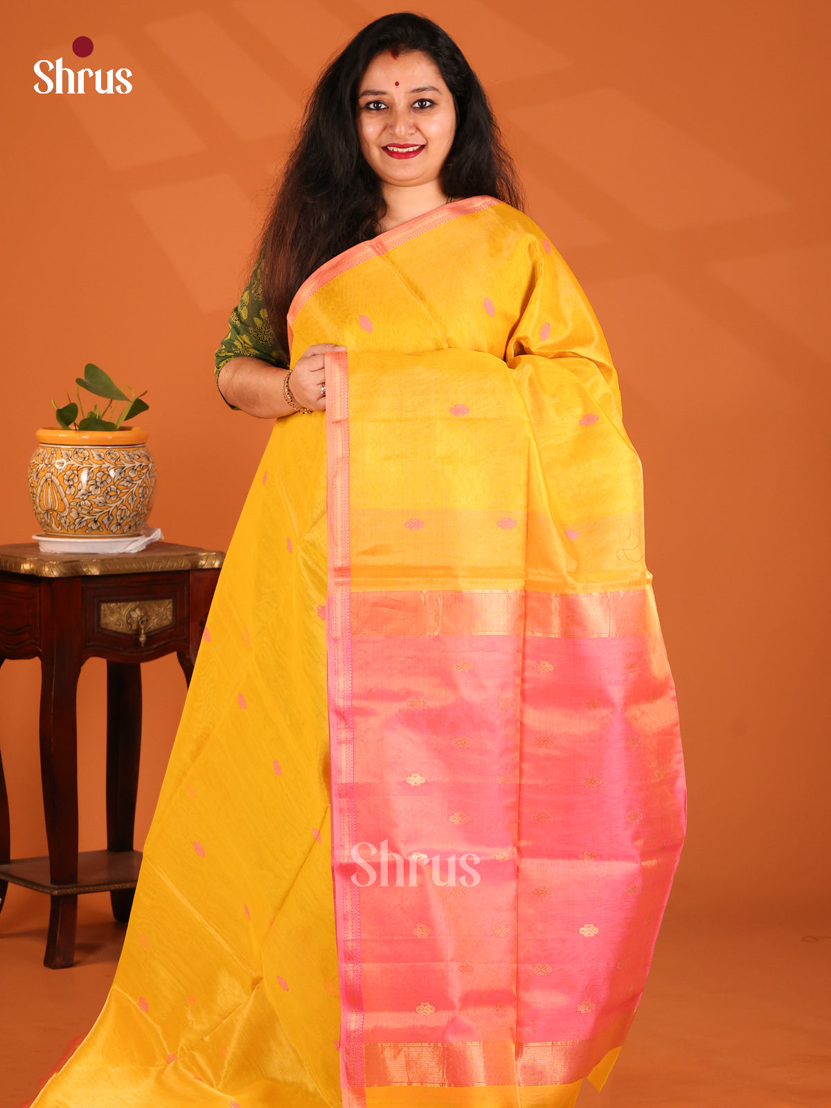 Yellow with Pink - Maheshwari silkcotton Saree - Shop on Shrus.com