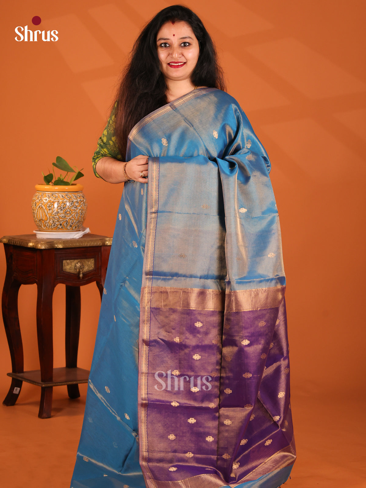 Blue with Violet - Maheshwari silkcotton Saree - Shop on Shrus.com