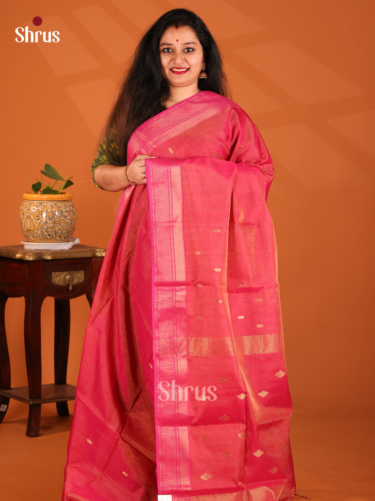 Orangish Pink & Pink - Maheshwari silkcotton Saree - Shop on Shrus.com