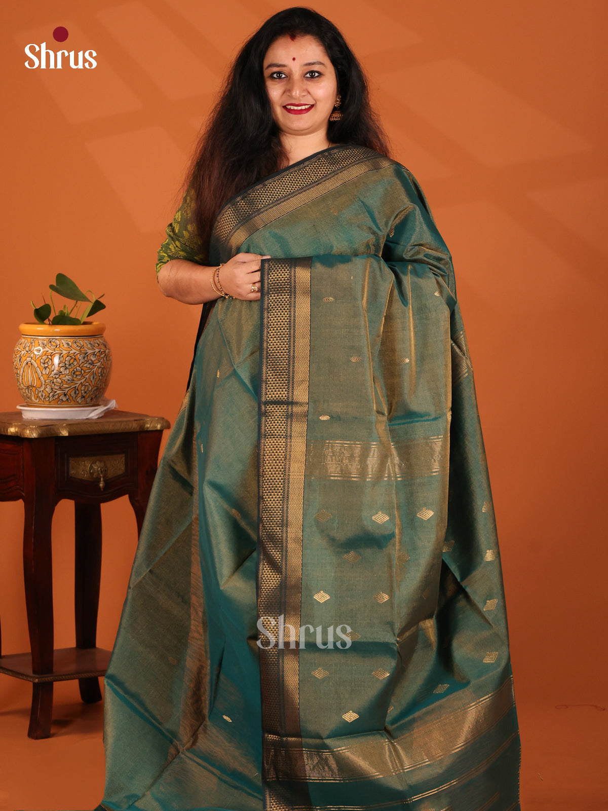 Green with Blue- Maheshwari silkcotton Saree - Shop on Shrus.com